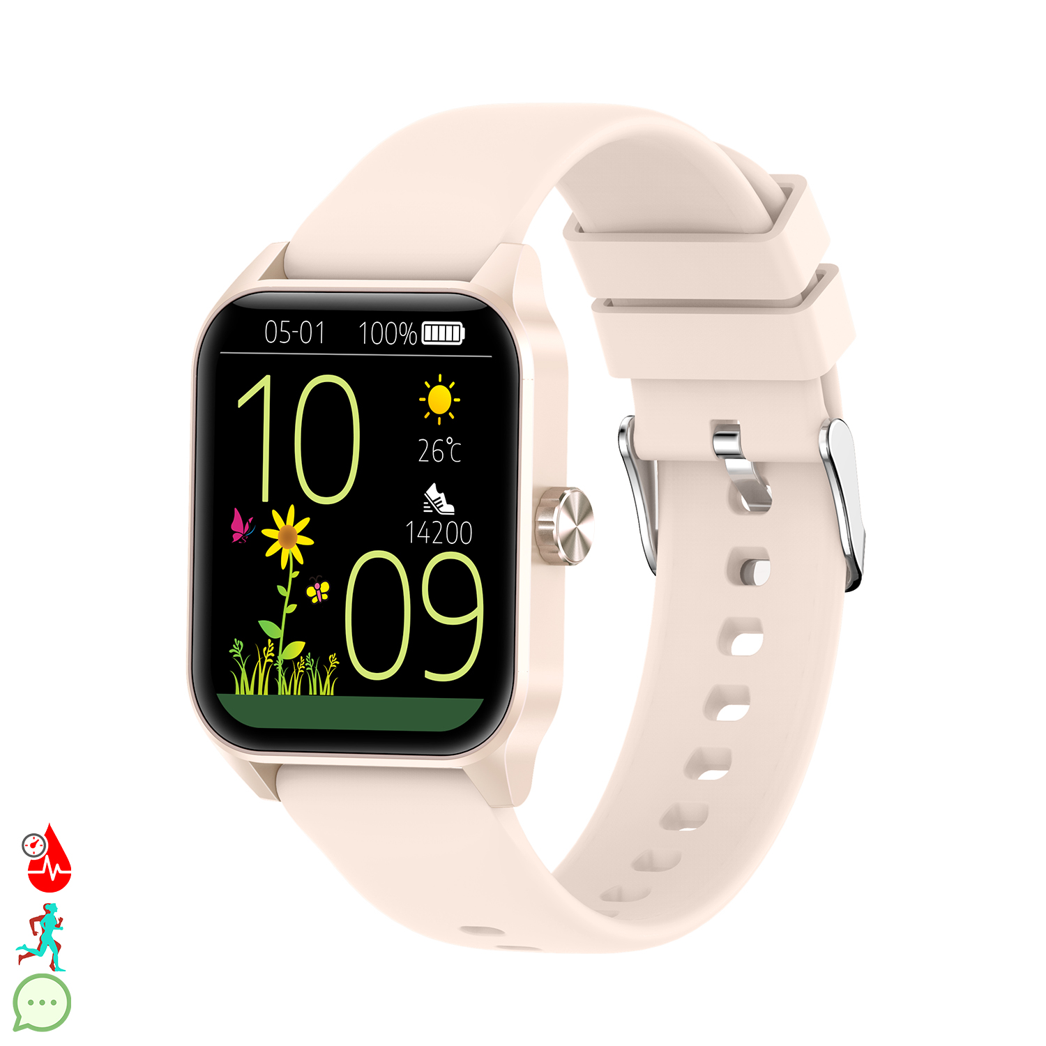 Uno smartwatch rosa con schermo colorato che mostra un fiore e farfalle.