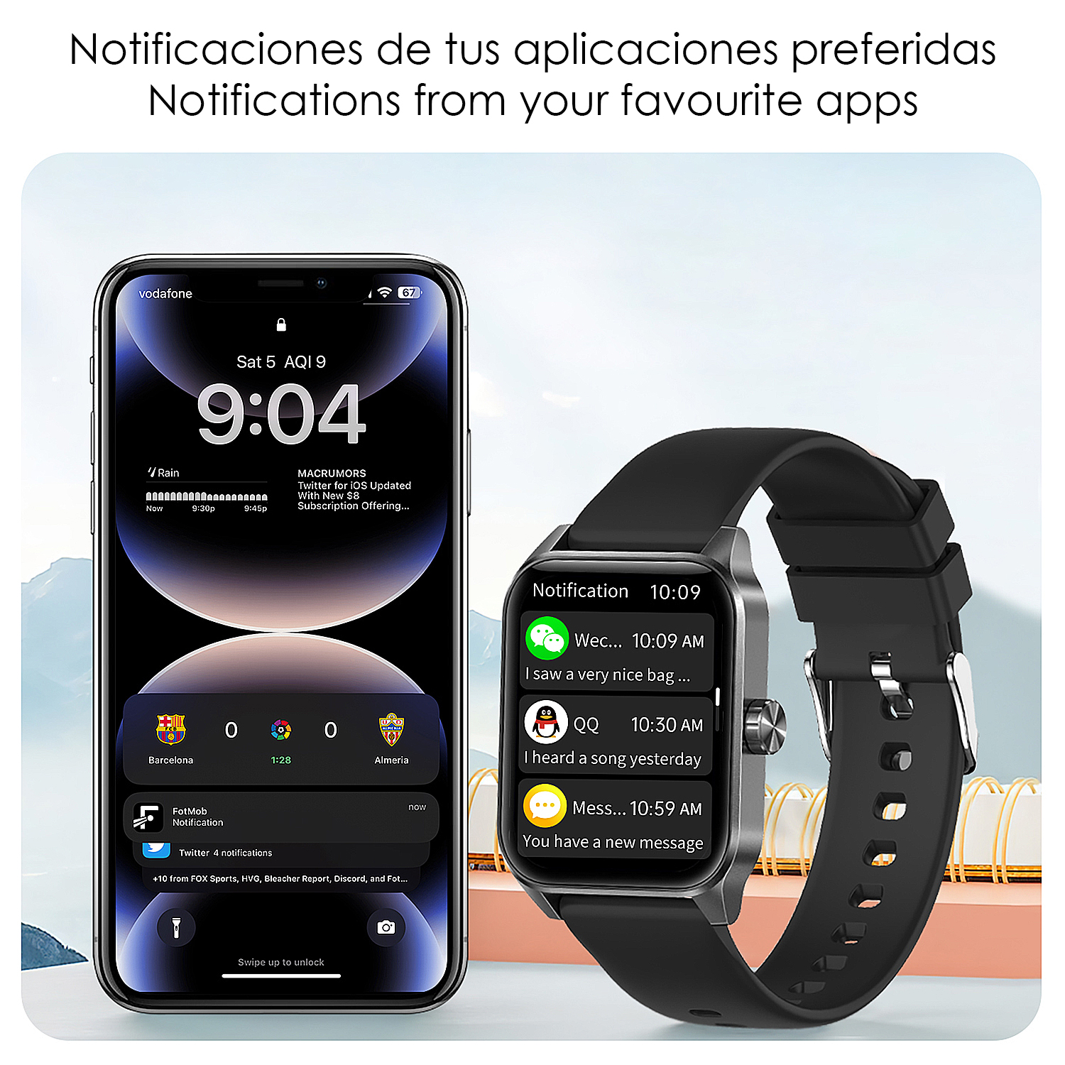 Uno smartphone e uno smartwatch mostrano notifiche. Un iPhone è in primo piano.