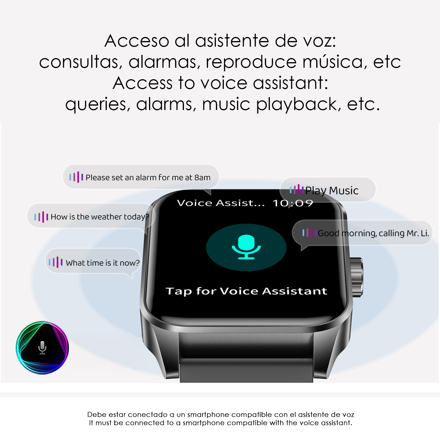 Smartwatch con icone assistente vocale e fumetti di testo per comandi.
