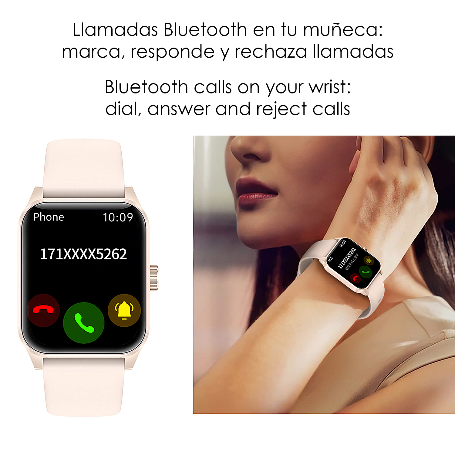 Uno smartwatch beige chiaro che mostra una schermata di chiamata, indossato da una donna.