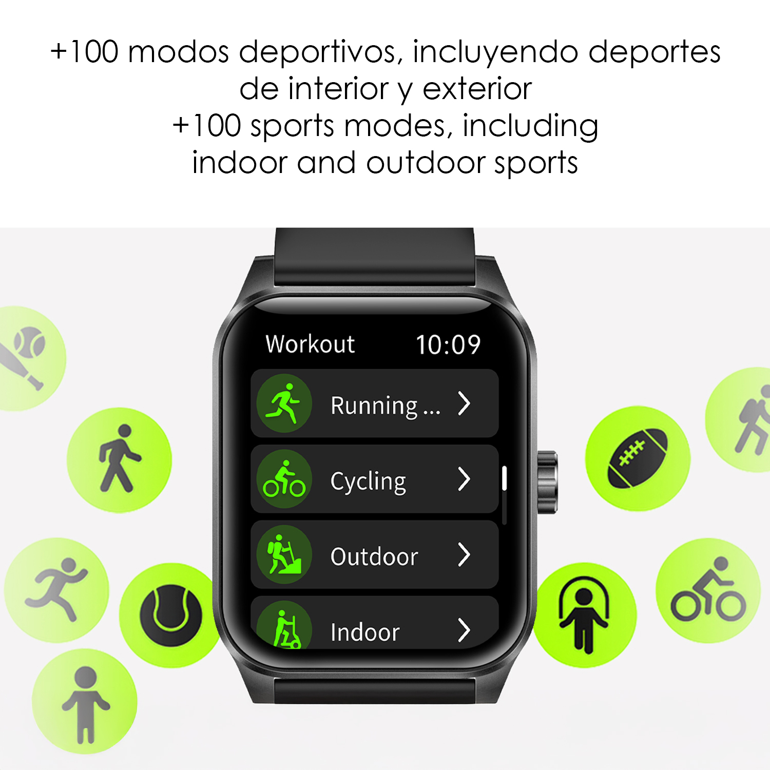 Uno smartwatch mostra modalità di allenamento come corsa e ciclismo.