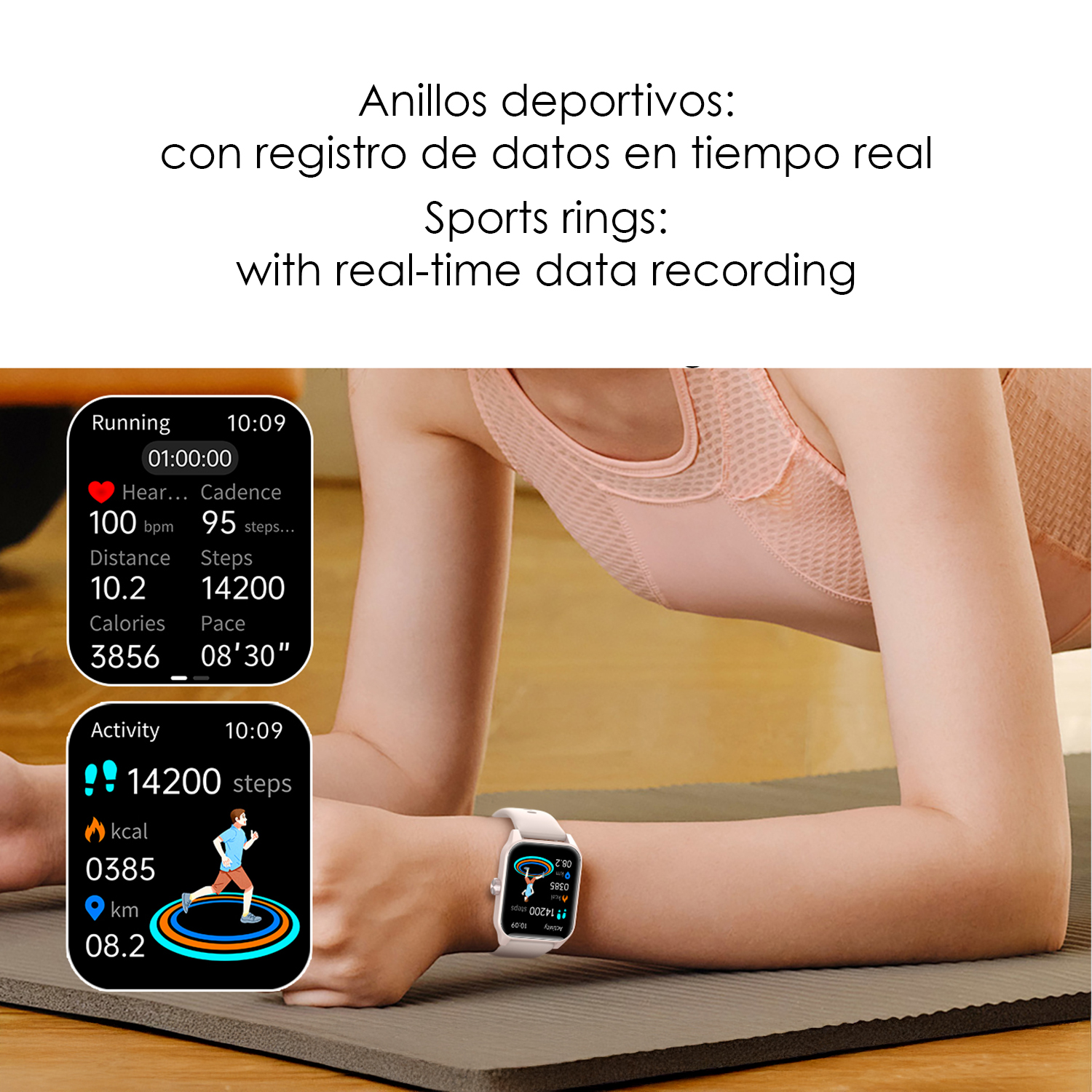 Un orologio sportivo mostra dati di allenamento: passi, calorie, distanza, battito.