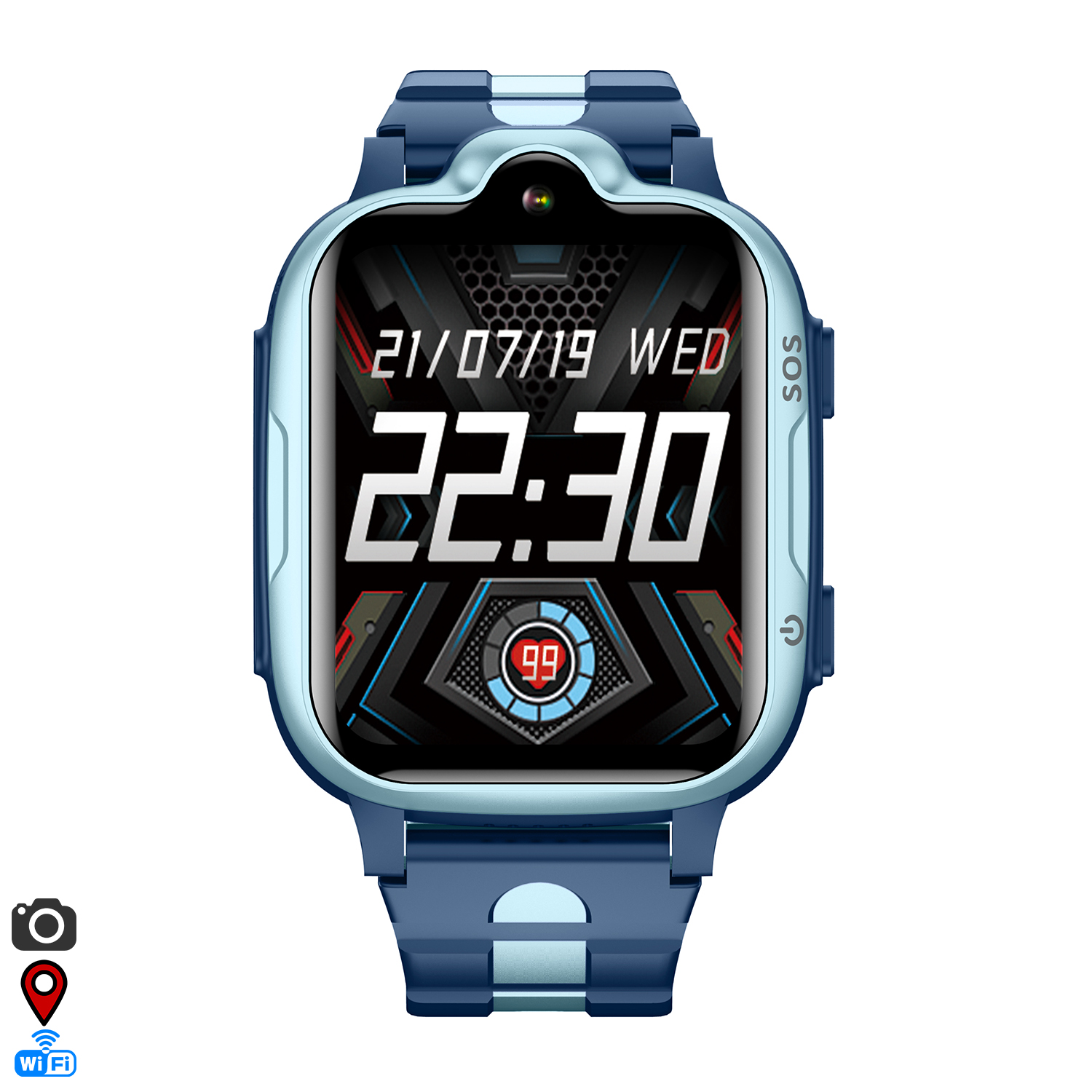 Smartwatch blu con display digitale che mostra data e ora.