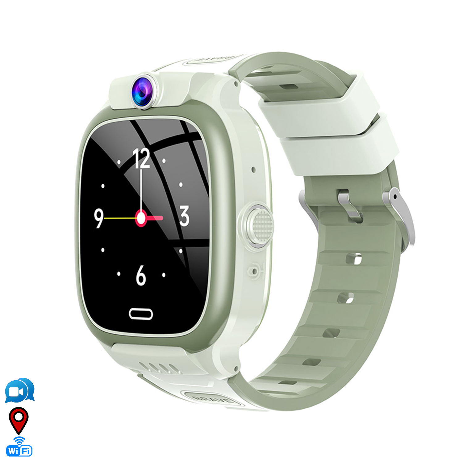 Uno smartwatch verde con fotocamera, quadrante nero e accenti bianchi.