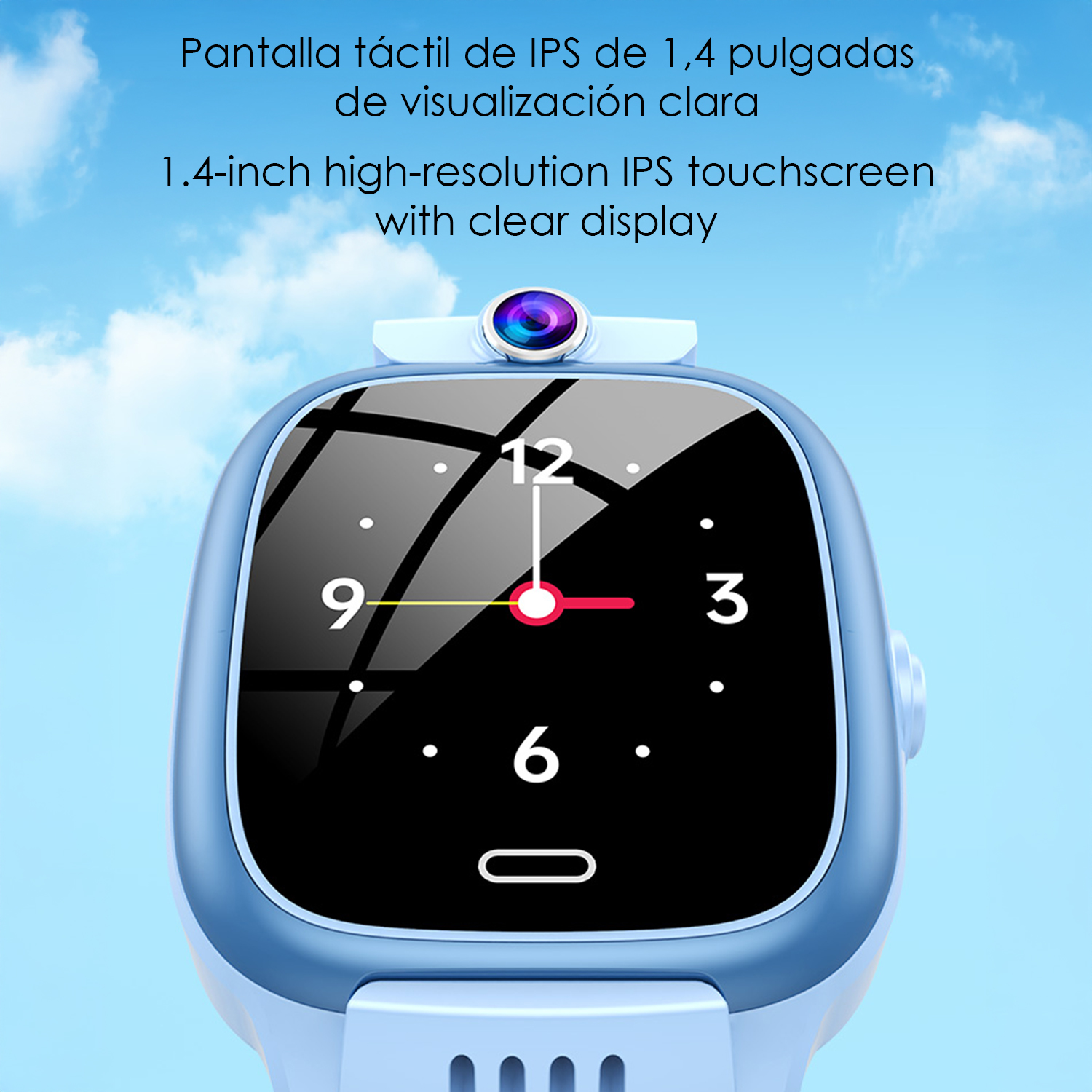 Smartwatch blu con touchscreen da 1,4 pollici e fotocamera, mostra l'ora.