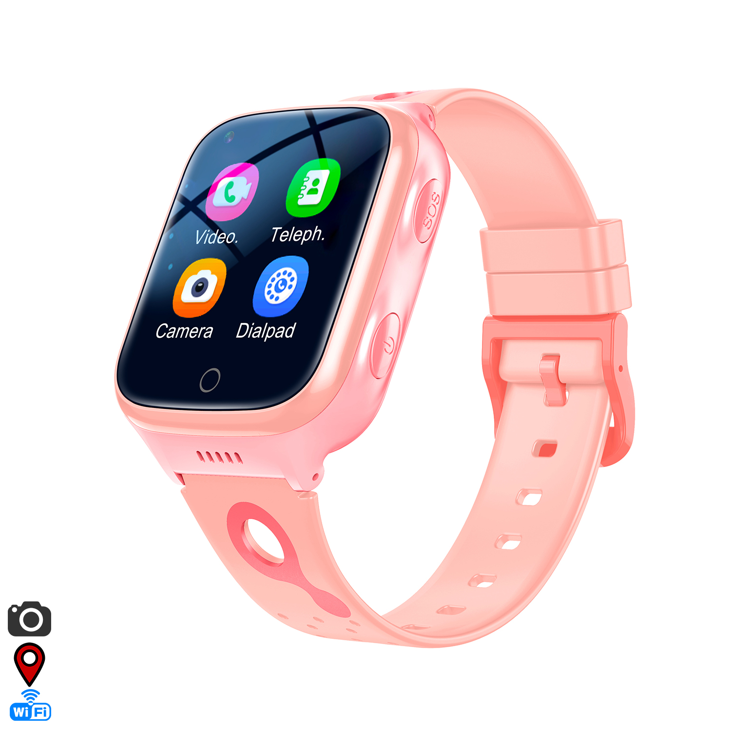 Uno smartwatch rosa con touchscreen che mostra icone di app.