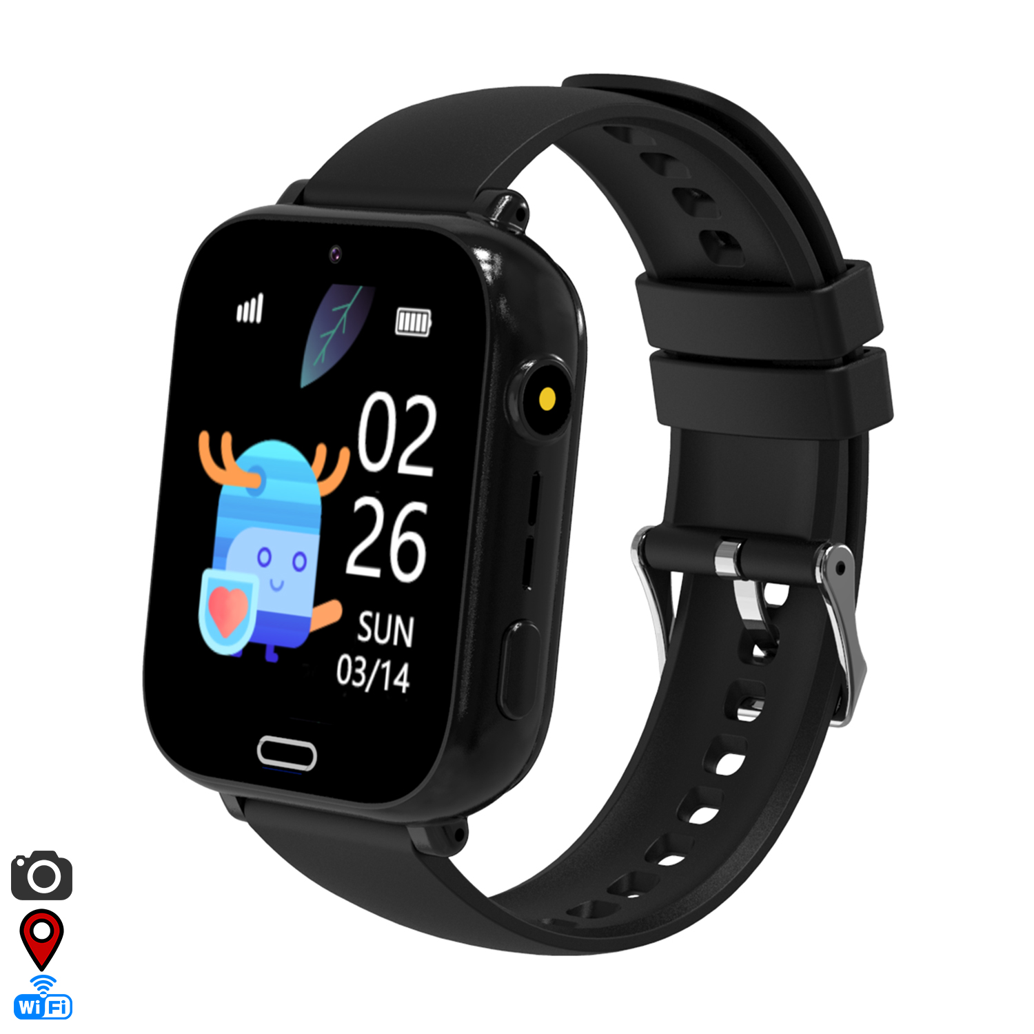 Uno smartwatch nero con quadrante a cartoni animati colorato e cinturino nero.