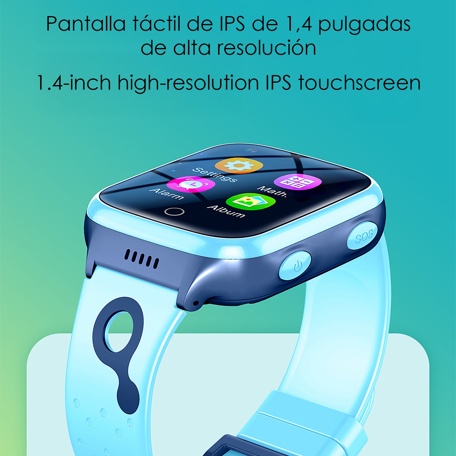 Smartwatch blu con touchscreen che mostra icone per impostazioni, sveglia, matematica, album e SOS.