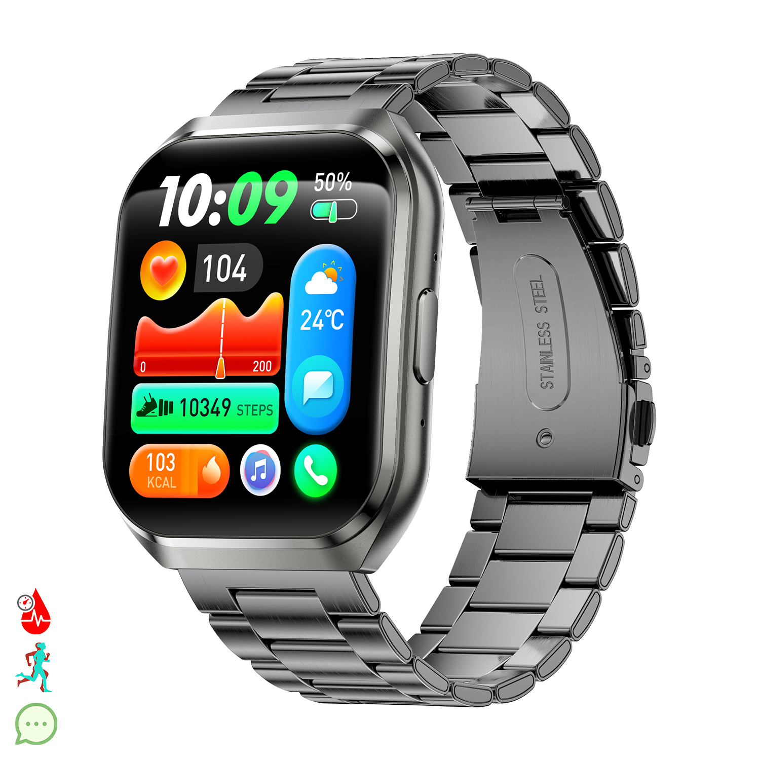 Smartwatch grigio con cinturino in metallo mostra 10:09, 50% batteria, 24°C, 10349 passi.