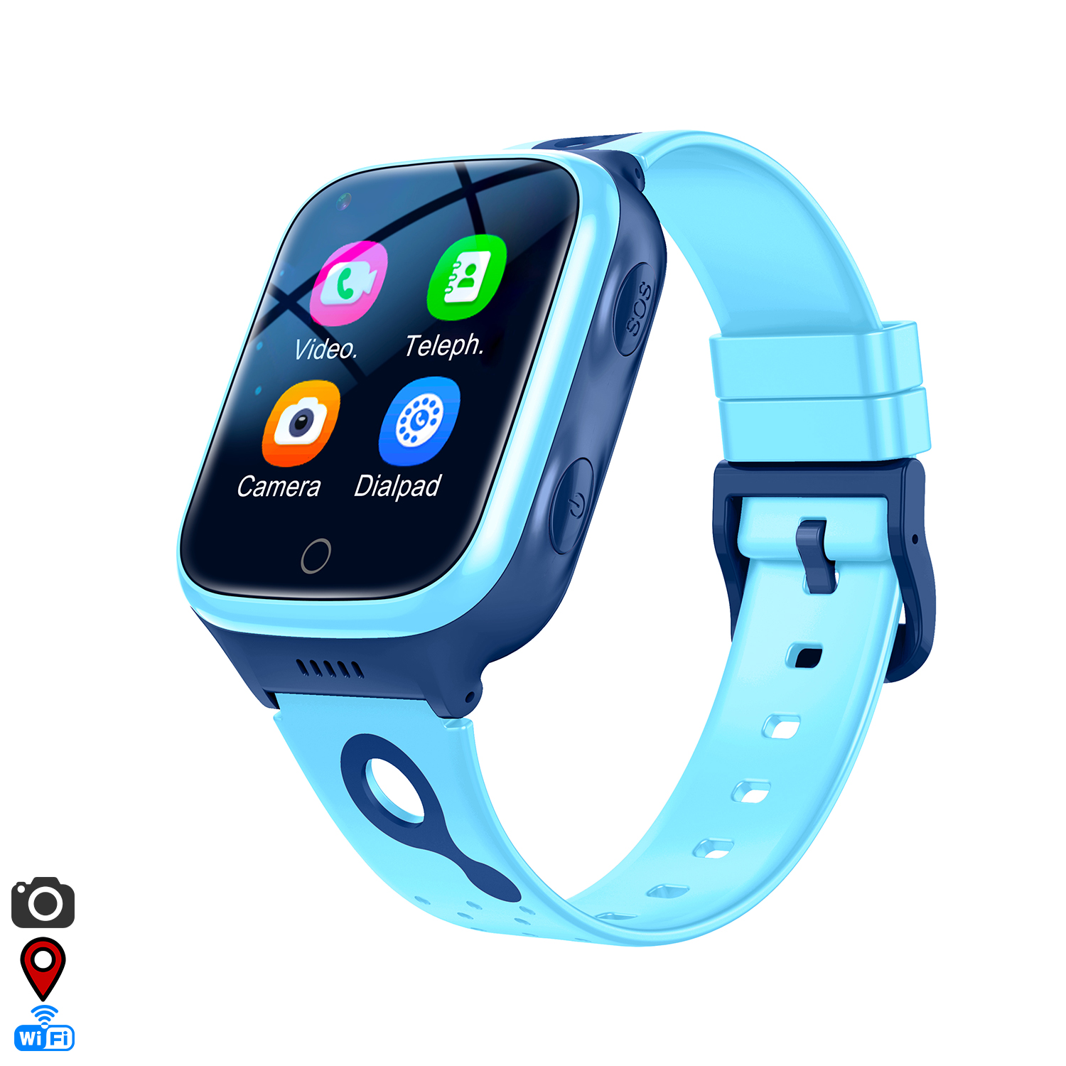 Uno smartwatch blu con icone per Video, Fotocamera, Telefono e Tastierino.