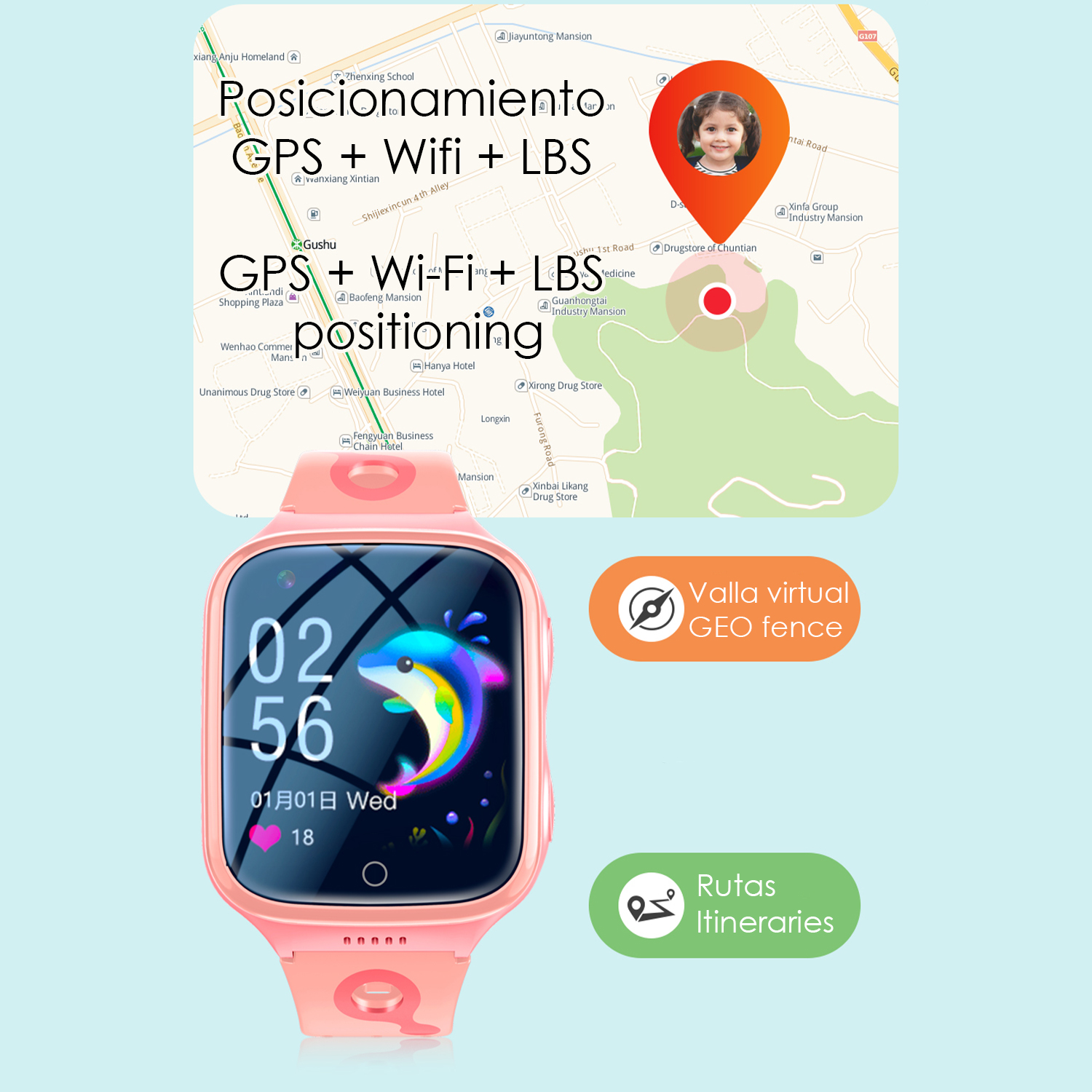 Smartwatch rosa mostra ora 02:56, data e delfino colorato. Mappa mostra posizionamento GPS.