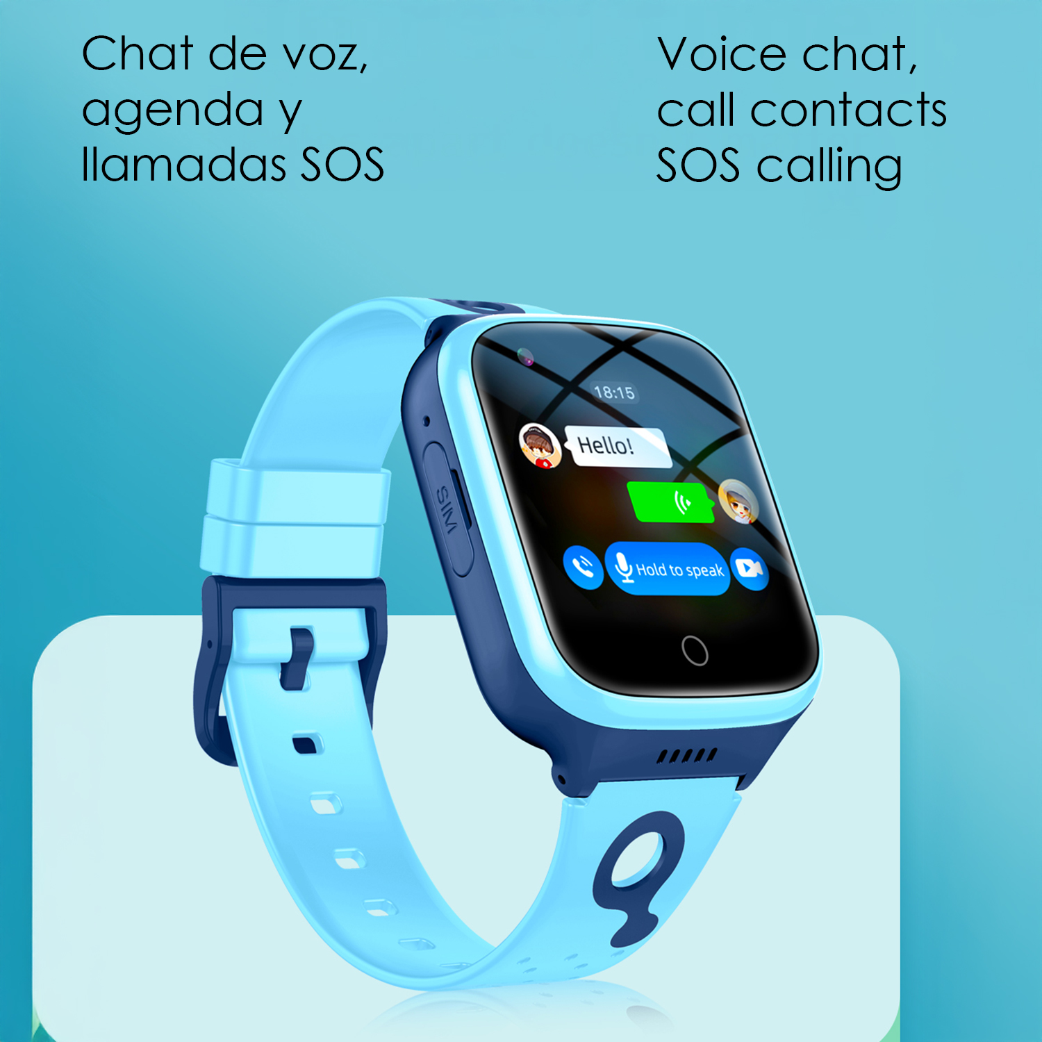 Smartwatch blu con cinturino azzurro che mostra "Ciao!" e funzione SOS.