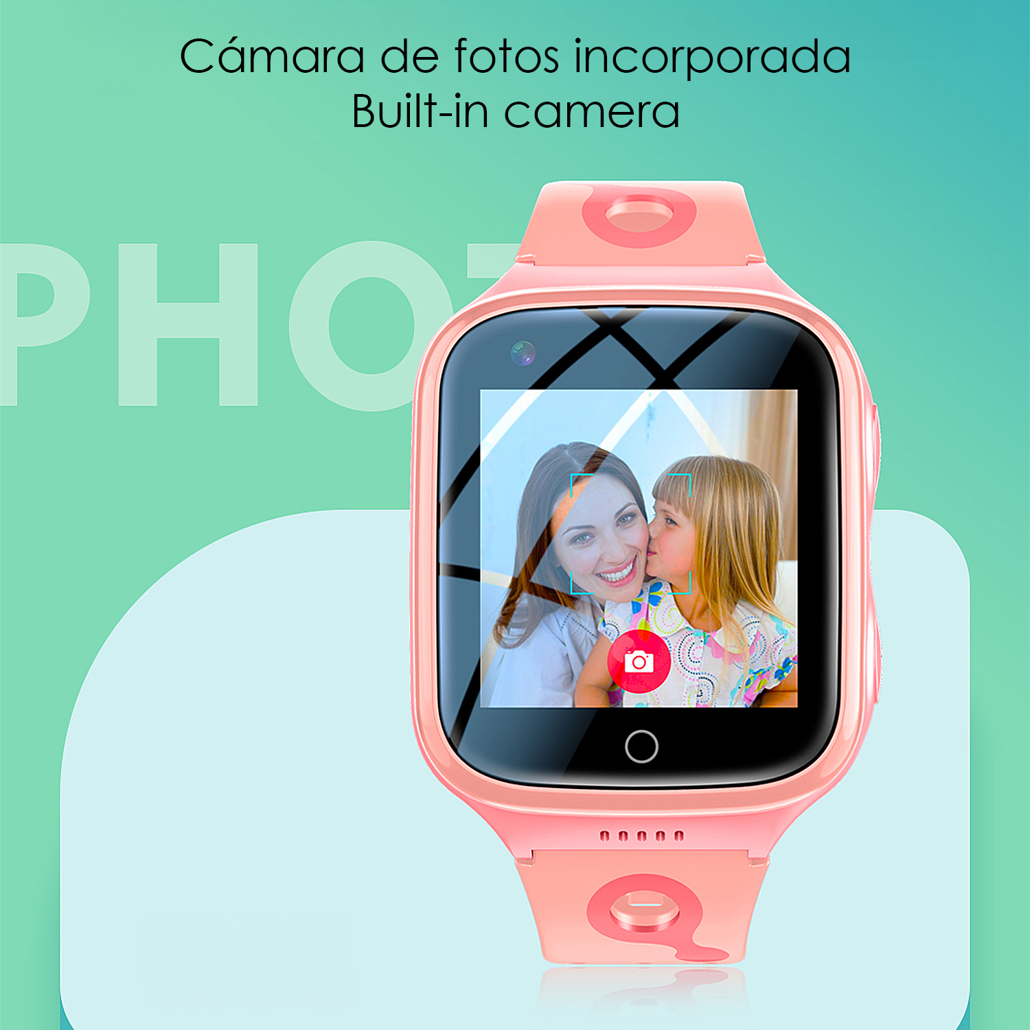 Uno smartwatch rosa mostra una foto di una donna e un bambino sul suo schermo.