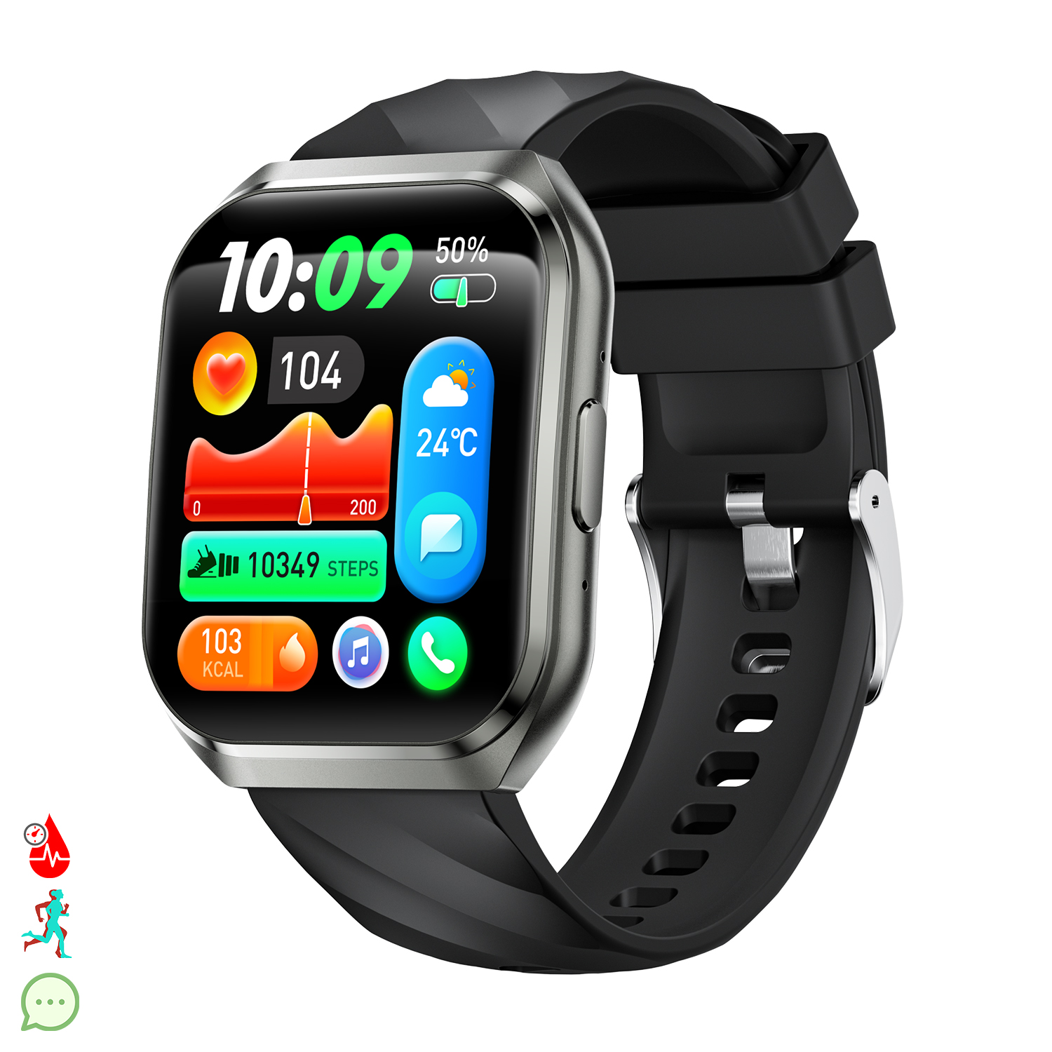 Uno smartwatch argentato con cinturino nero mostra 10:09, 50% batteria, 104 battiti e 10349 passi.