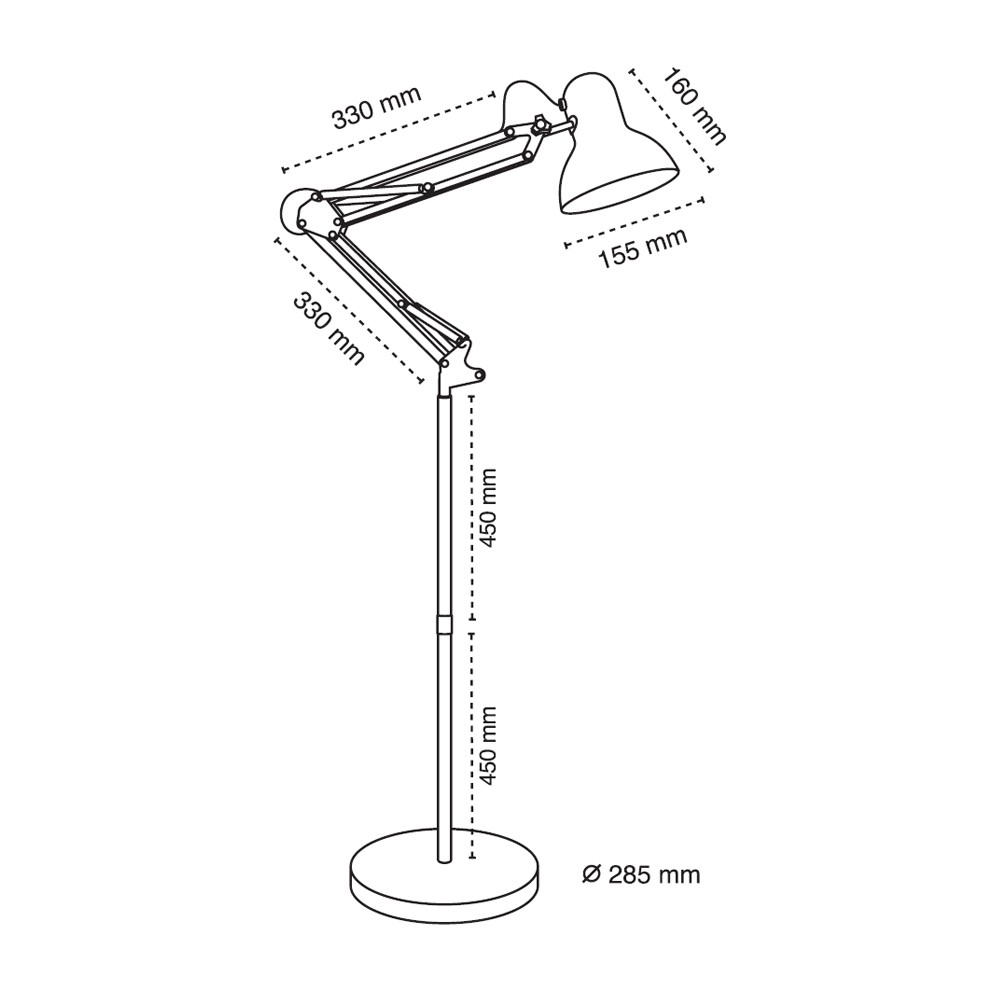 Dibujo técnico de una lámpara de pie con dimensiones.