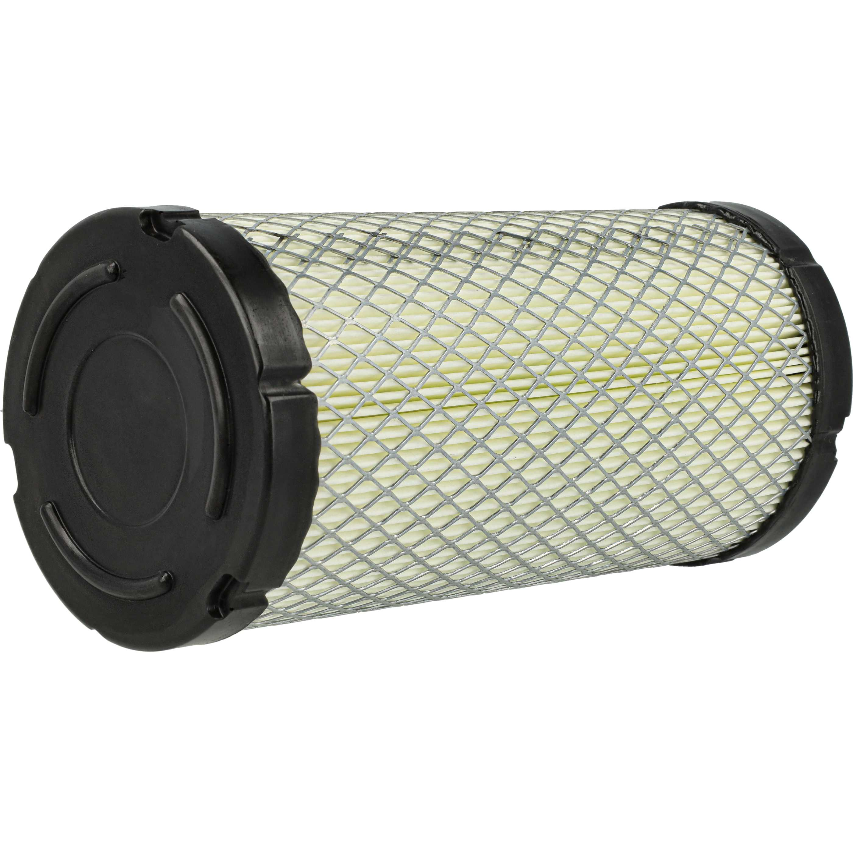 Ein zylindrischer Luftfilter mit weißen Falten und einem Metallgitter.