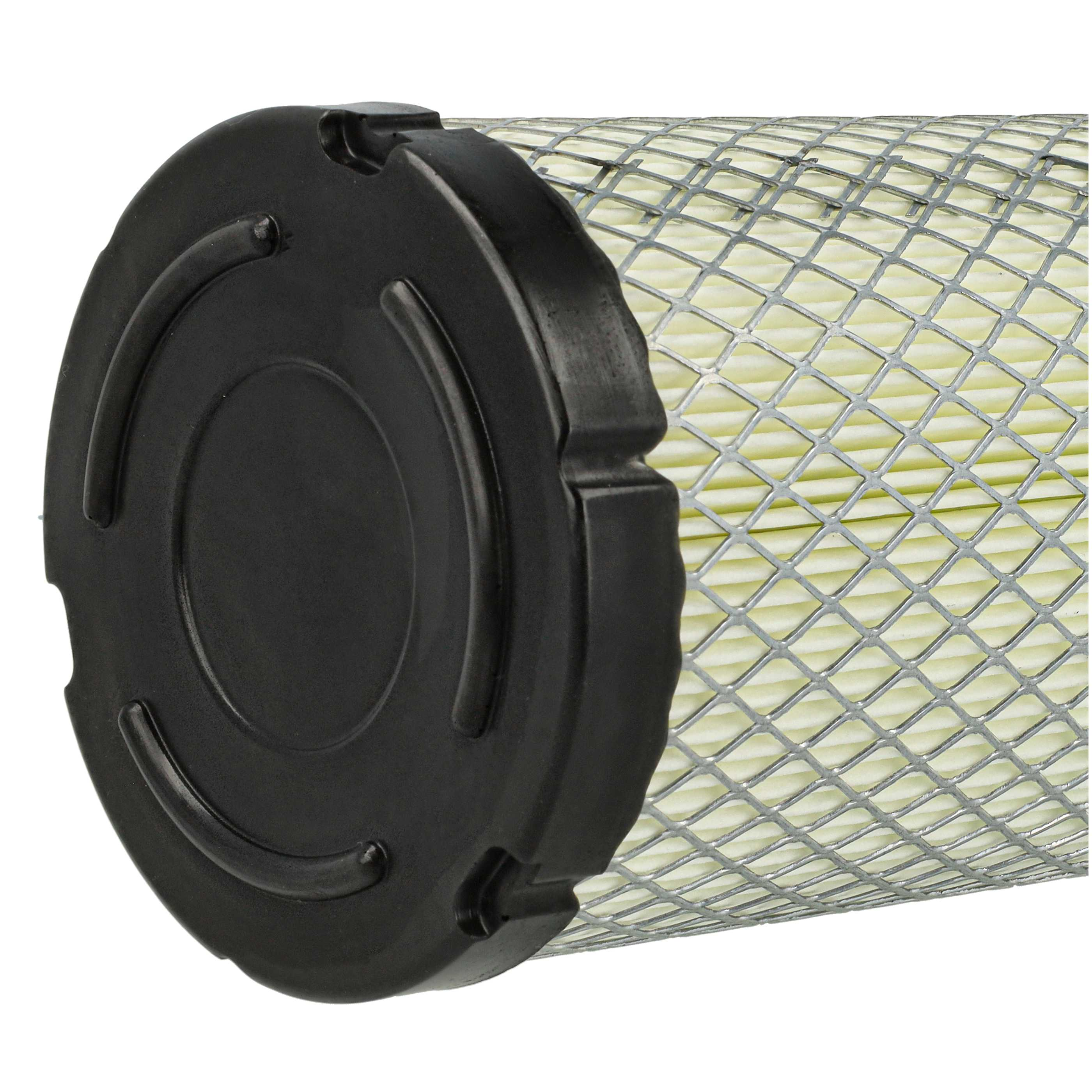 Ein runder, schwarzer Plastikdeckel mit einem gelben Luftfilter mit Metallgitter.