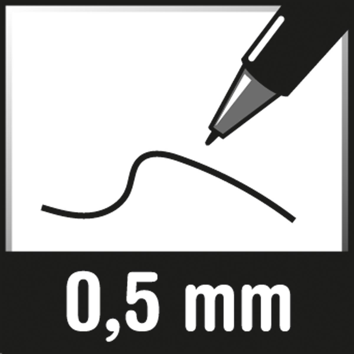 Ein schwarzer Stift zieht eine geschwungene Linie. Der Text '0,5 mm' ist unten.