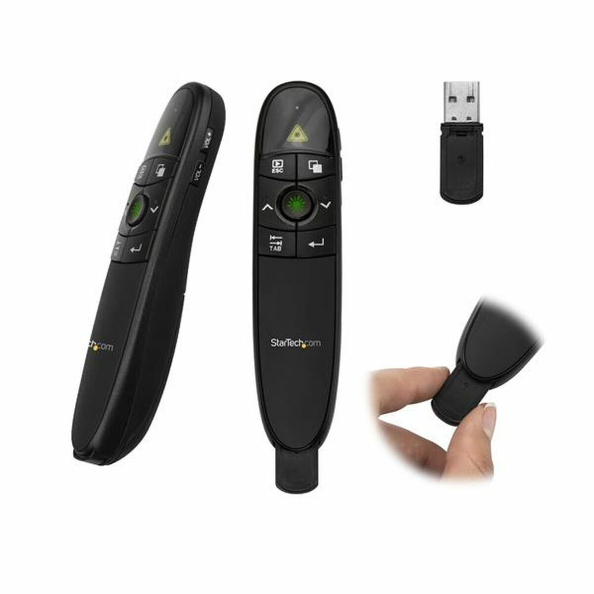Schwarzer Presenter mit USB-Empfänger und Hand.