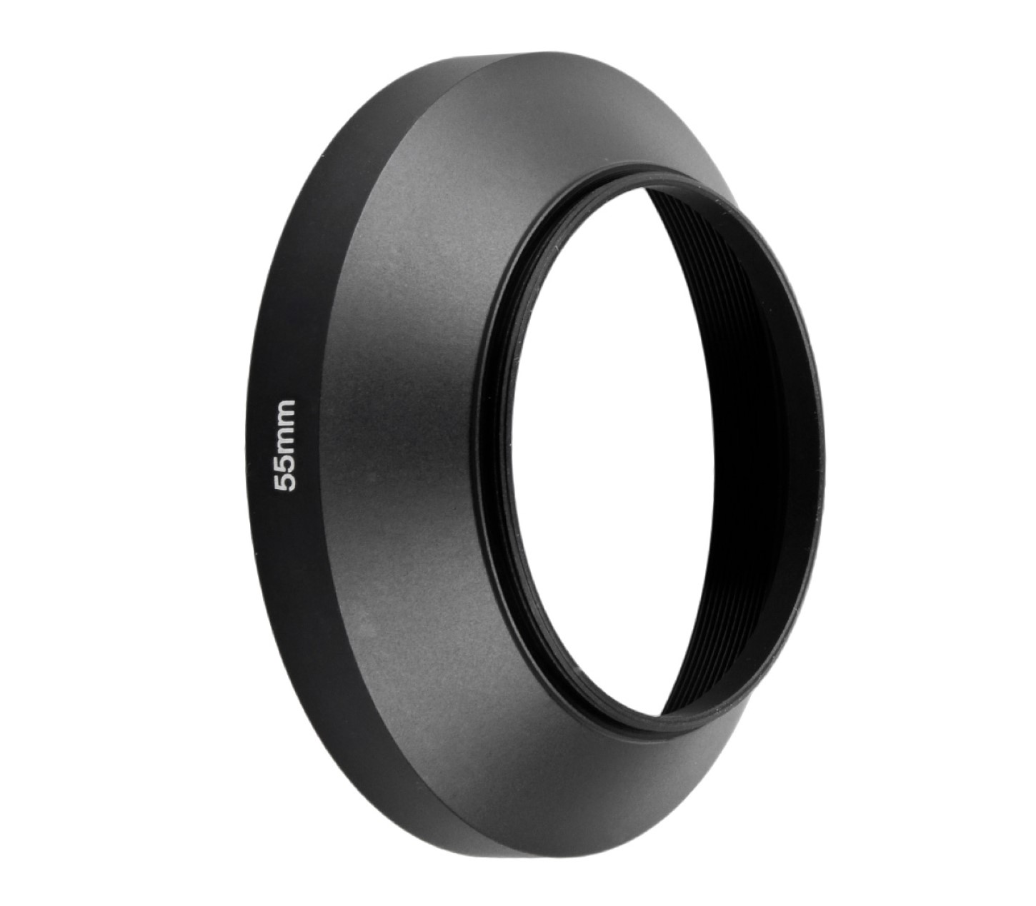 Schwarzer 55mm Objektivfilter mit Gewinde auf der Innenseite.