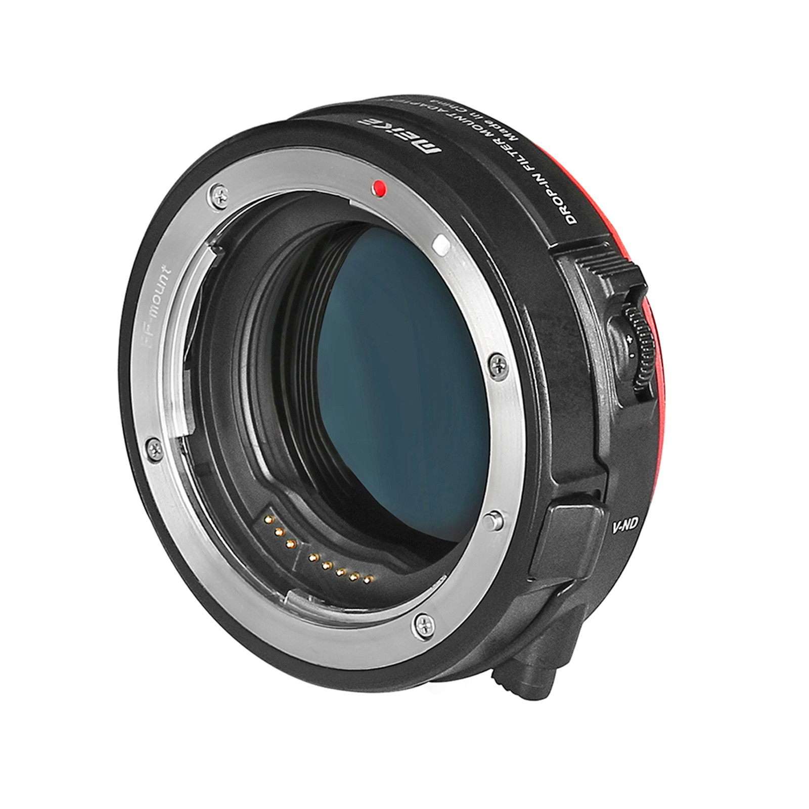 Ein Meike Objektivadapter mit V-ND Filter und FF-Mount-Beschriftung.