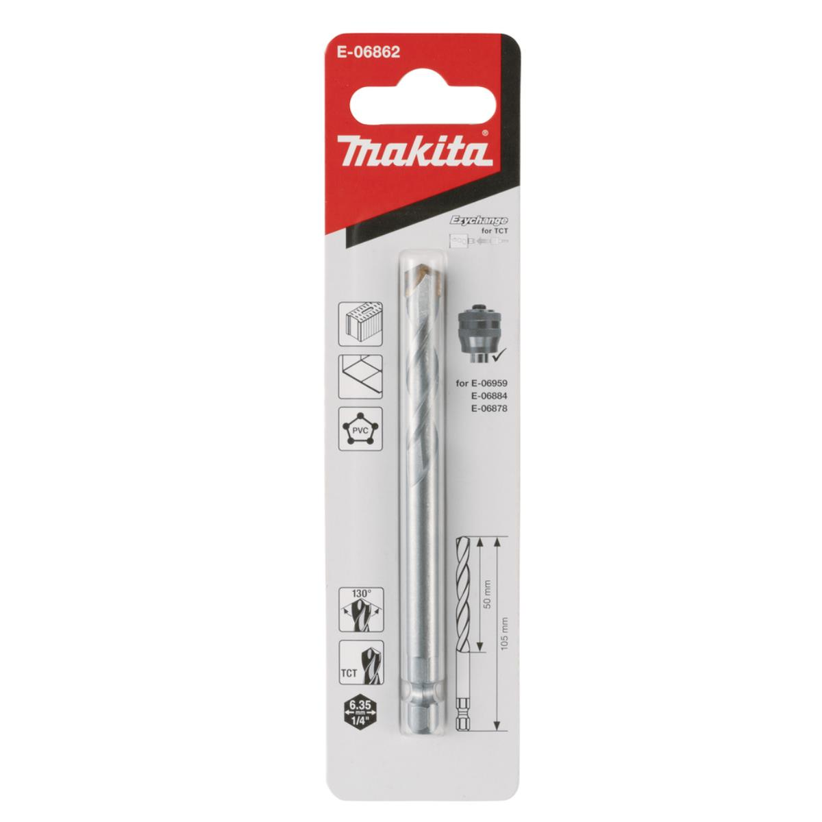 Makita Bohrer E-06862, 6.35mm 1/4 Zoll, 105mm Länge, TCT-Spitze.
