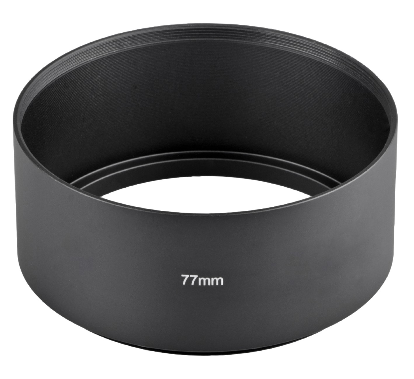 Schwarzer 77mm Objektivschutz aus Metall, zylindrisch.
