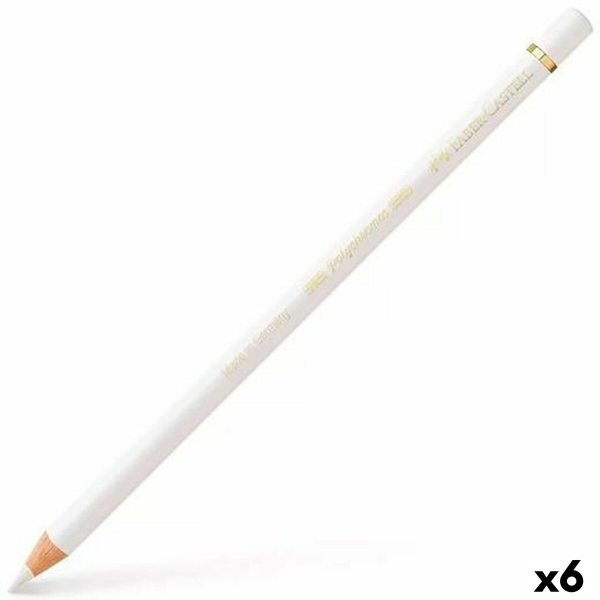 Ein weißer Bleistift von Faber-Castell mit Goldrand und Aufschrift.