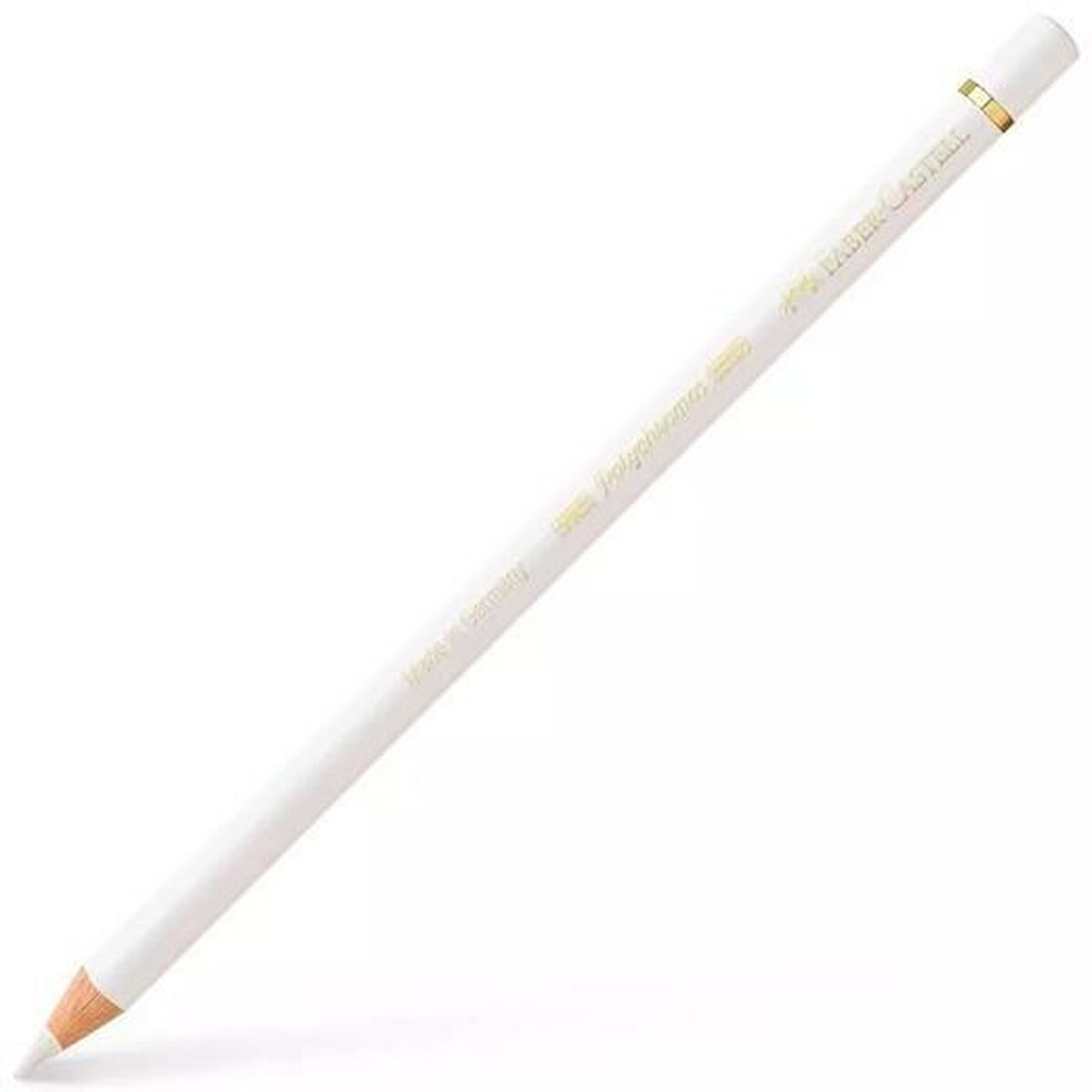Ein weißer Faber-Castell Buntstift mit goldenem Ring und Schriftzug.