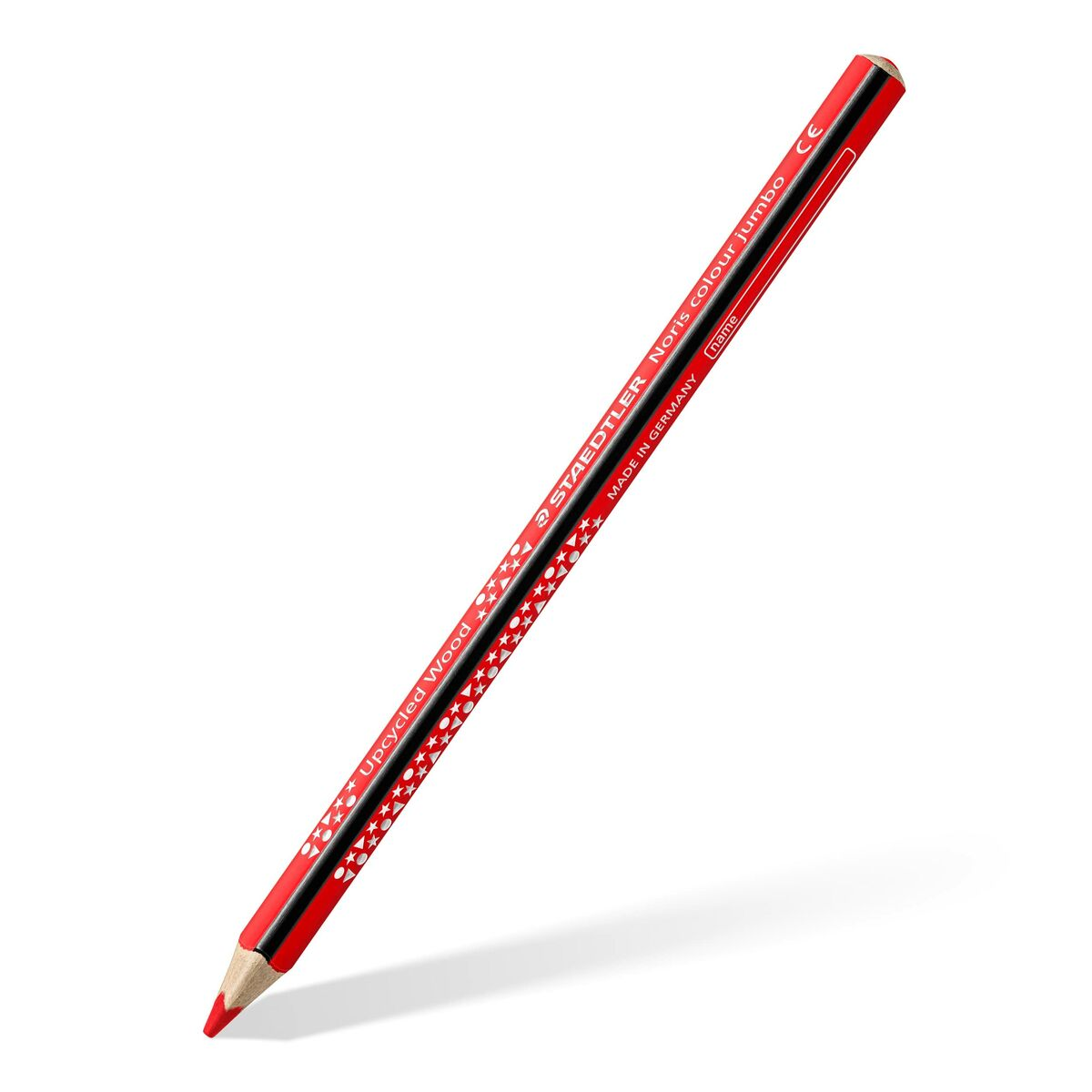 Ein roter und schwarzer Bleistift mit Sternenmuster. Beschriftet mit 'STAEDTLER'.