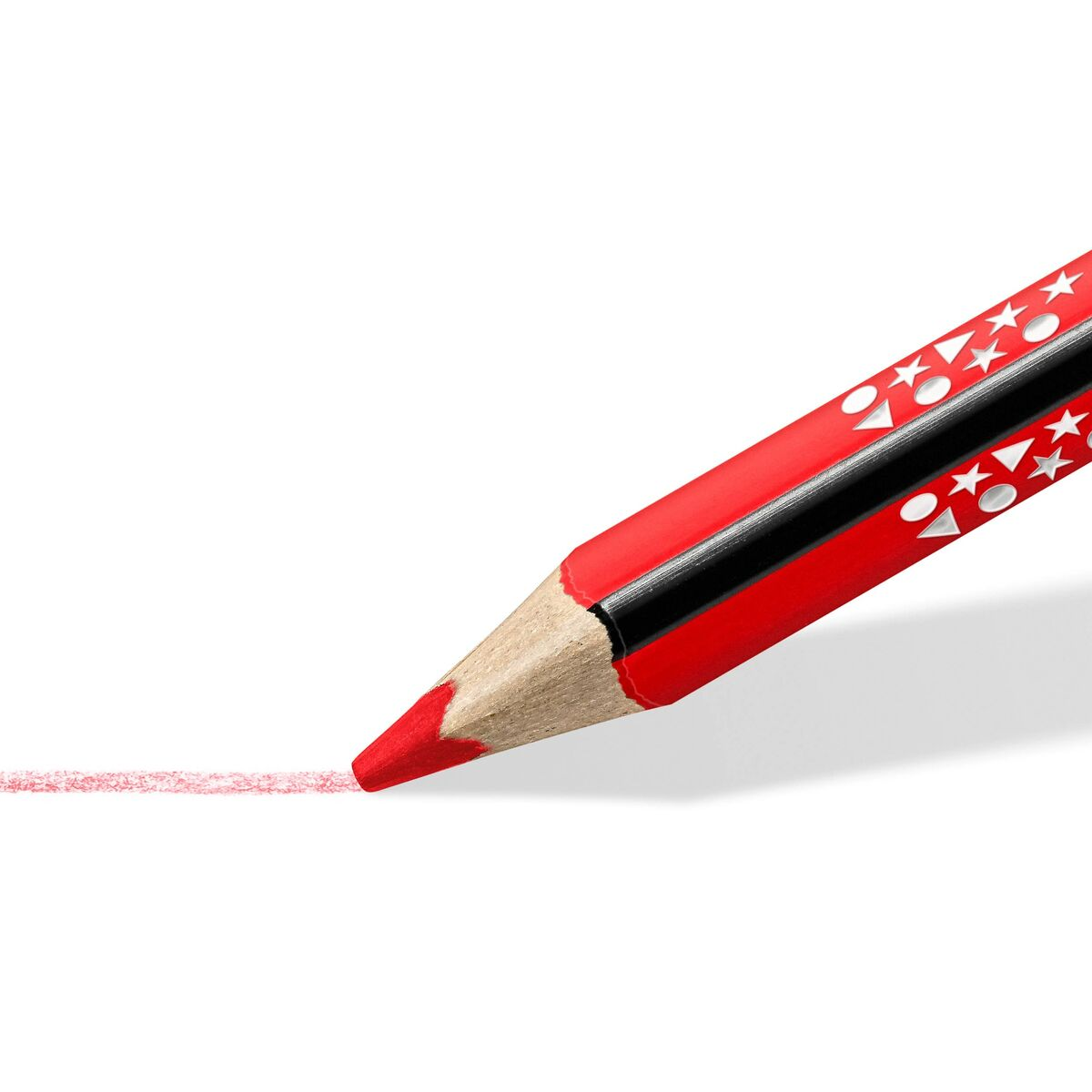 Ein roter Bleistift mit Sternen und Kreisen zeichnet eine rote Linie auf weißem Hintergrund.