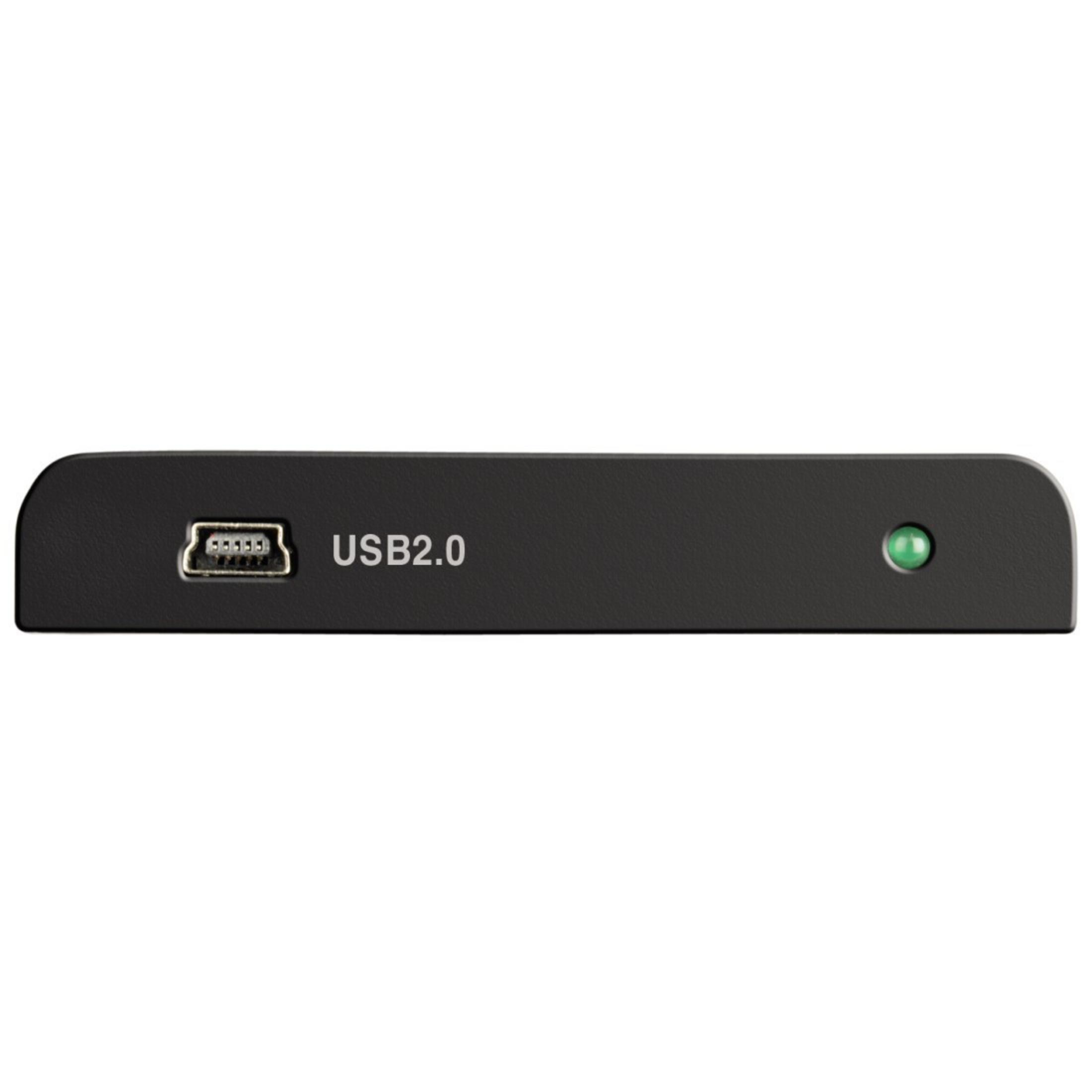 Schwarzes rechteckiges Gerät mit USB 2.0 Anschluss und grüner LED.