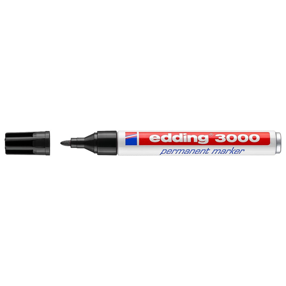 Ein schwarzer Edding 3000 Permanentmarker mit abgenommener Kappe.