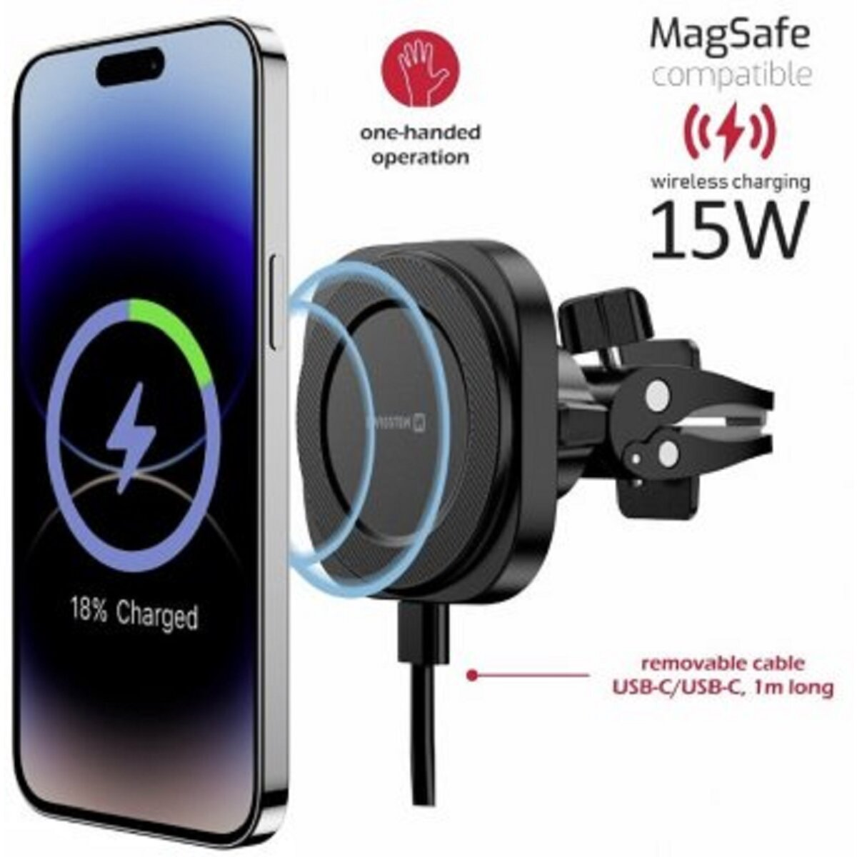 MagSafe Ladehalterung mit 15W für ein Handy, lädt 18% auf.