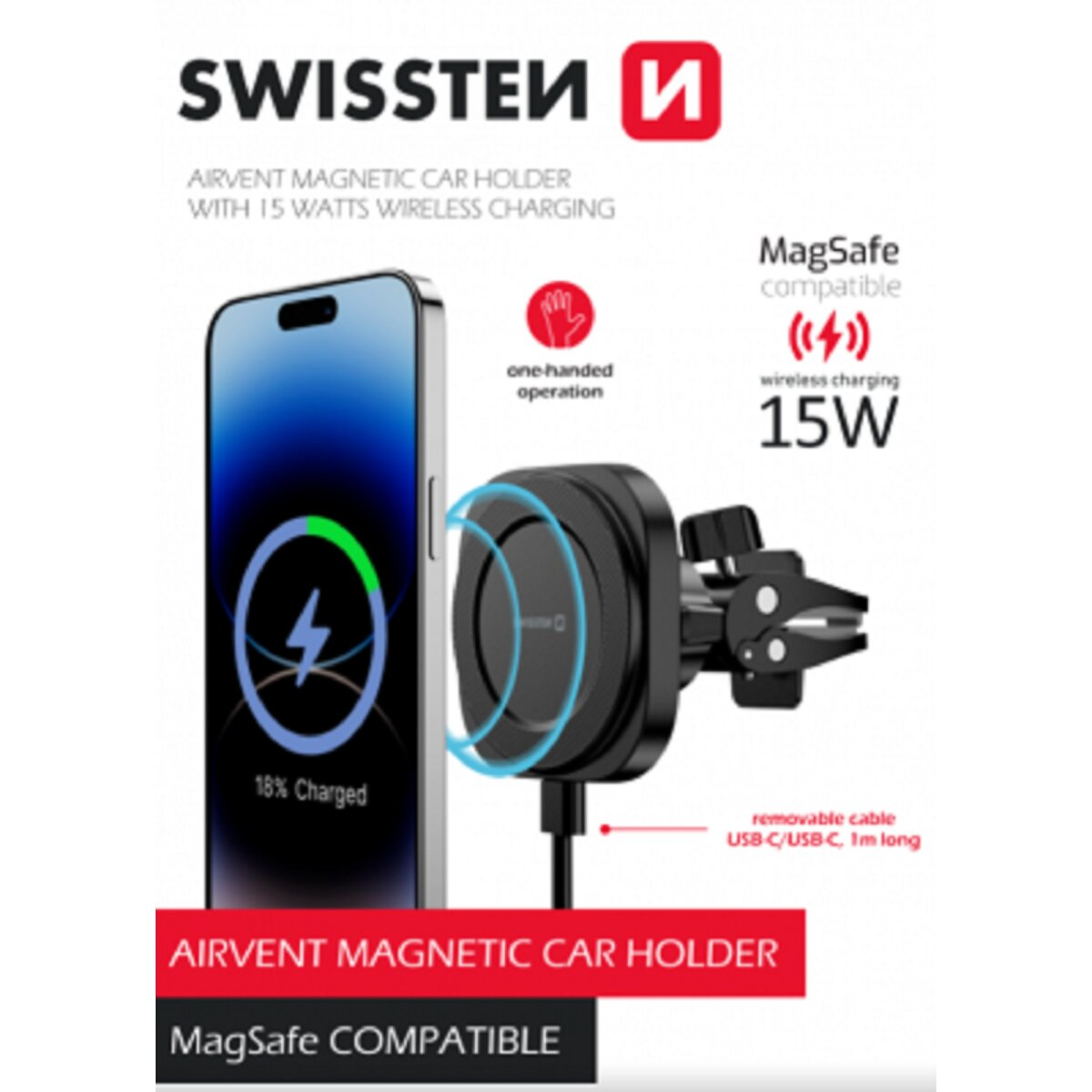 Telefon mit Ladeikone neben schwarzem magnetischem Lüftungshalter.
