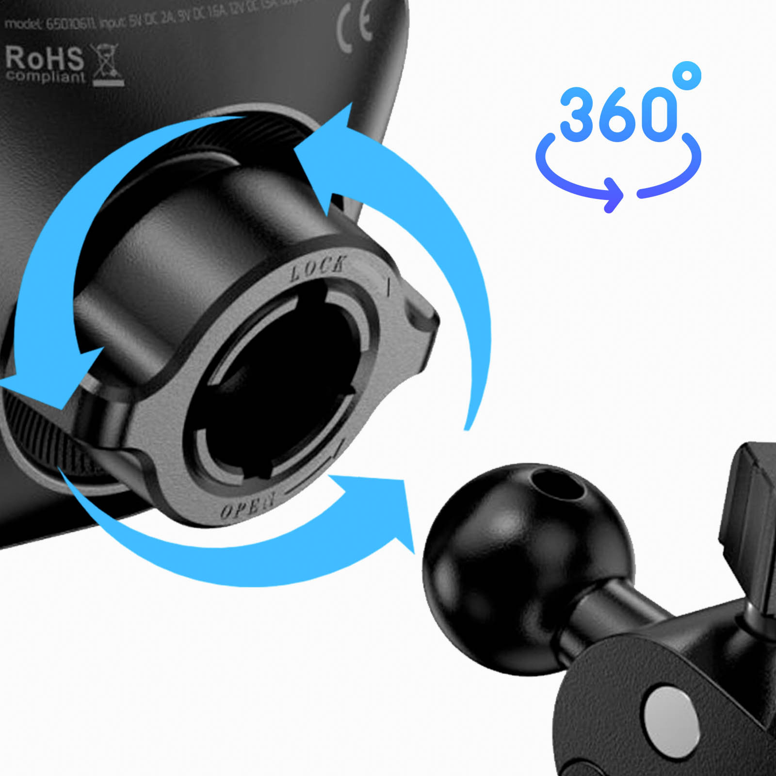 Nahaufnahme eines schwarzen Verriegelungsmechanismus mit blauen Pfeilen und 360-Symbol.