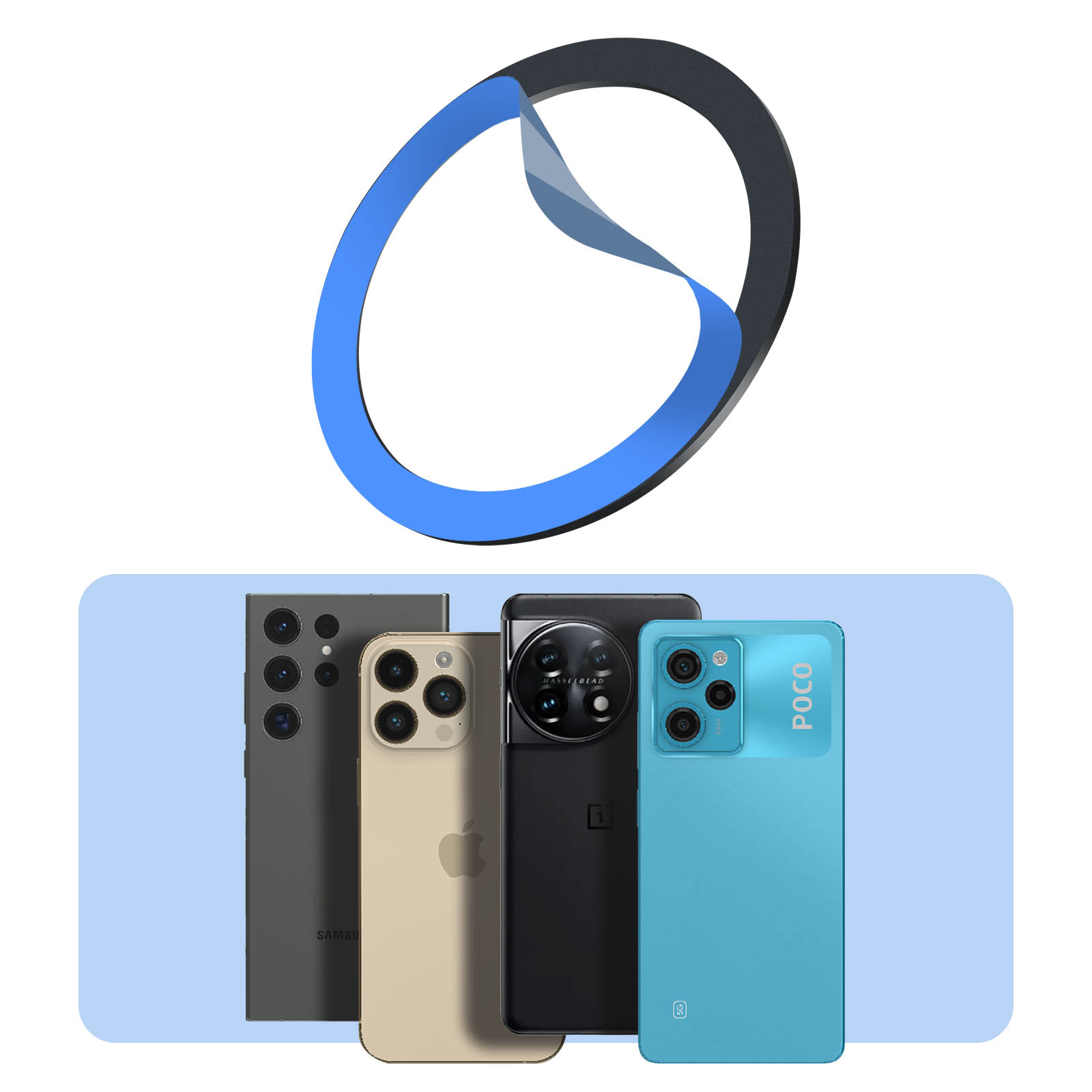 Vier Smartphones in Türkis, Gold, Schwarz und Grau auf blauem Hintergrund.