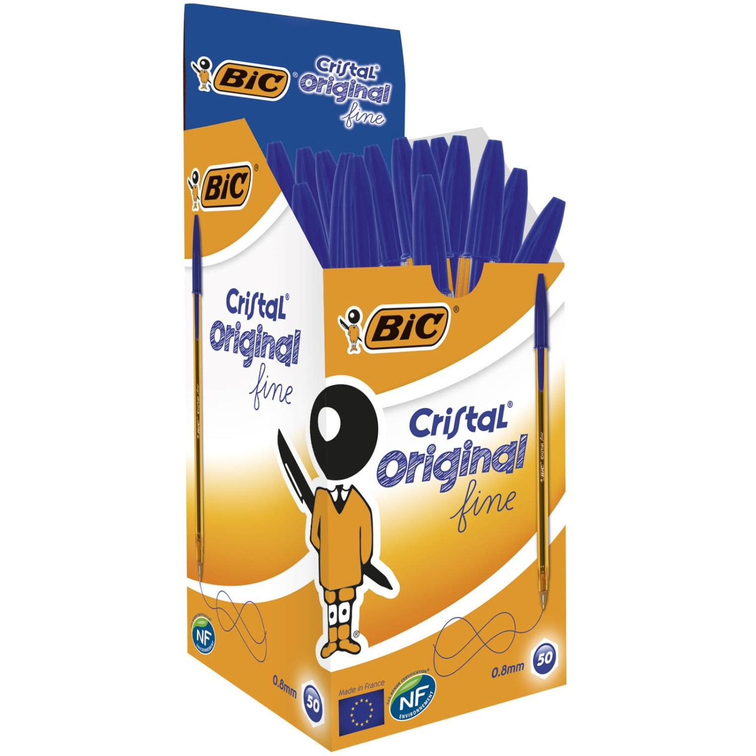 Verpackung mit blauen BIC Kugelschreibern, die "Cristal Original fine".