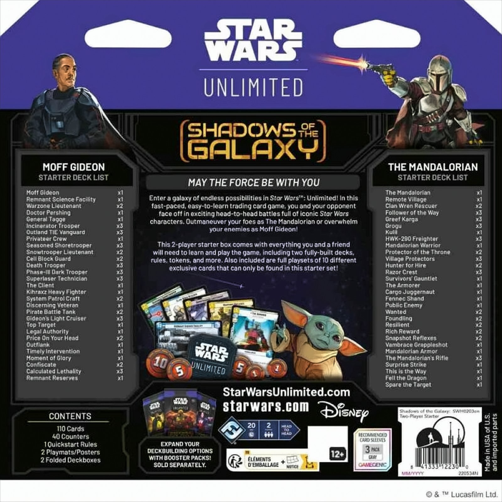 Star Wars: Unlimited-Spiel mit Moff Gideon und dem Mandalorianer. Enthält Karten, Zähler, Regeln und mehr.
