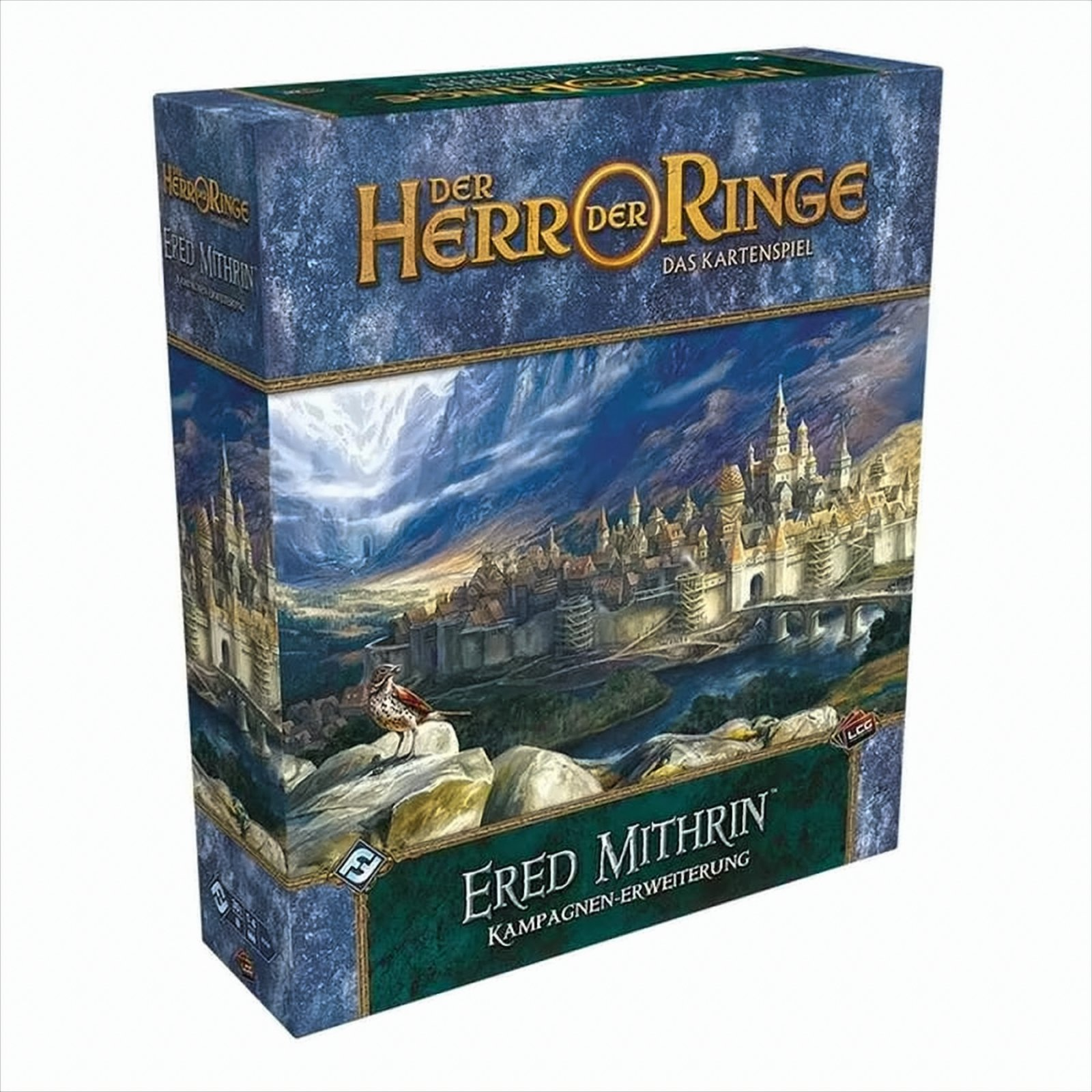 Brettspielbox mit Fantasy-Stadt, Berglandschaft und Vogel auf Felsen.
