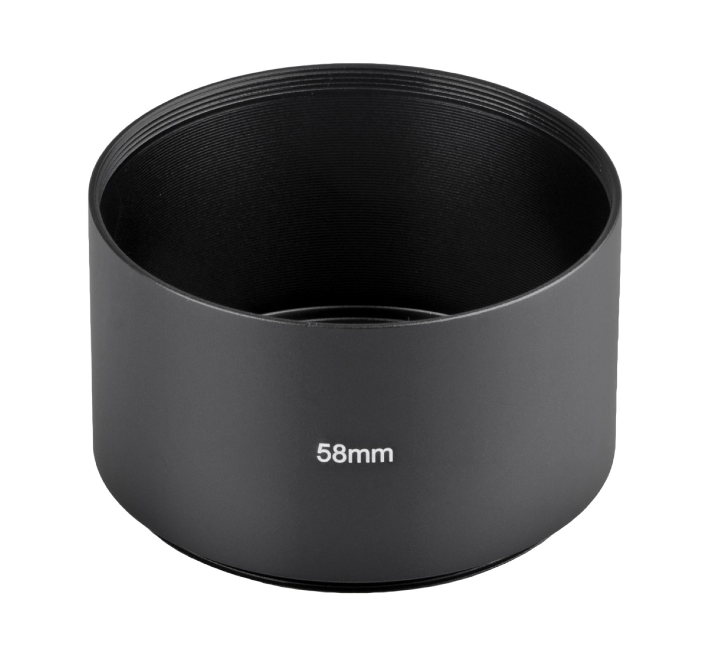 Schwarzer Objektiv-Streulichtblenden-Adapter mit 58mm Markierung.