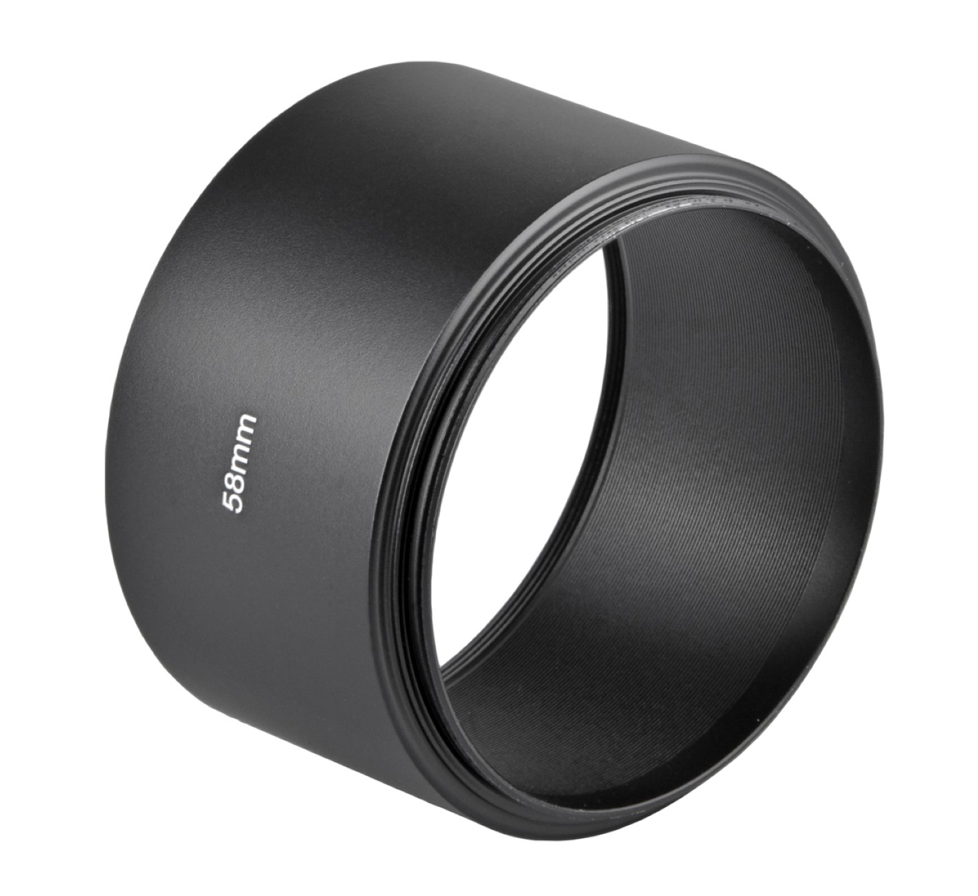 Schwarze 58mm Kamera-Objektivhaube mit gerillter Innenfläche.