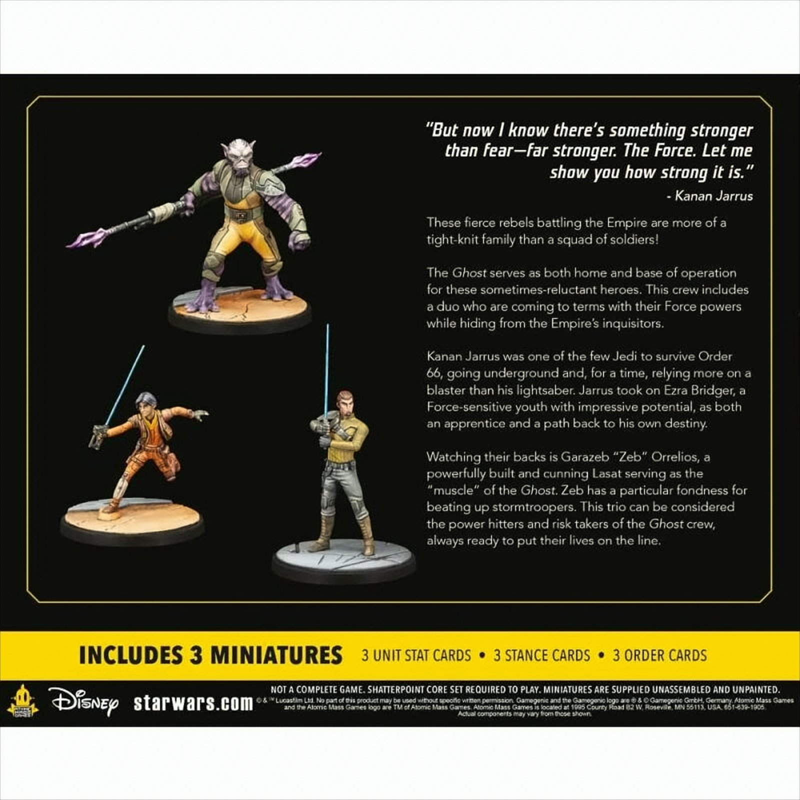 Tres miniaturas de Star Wars: Zeb, Kanan y Ezra sobre peanas.