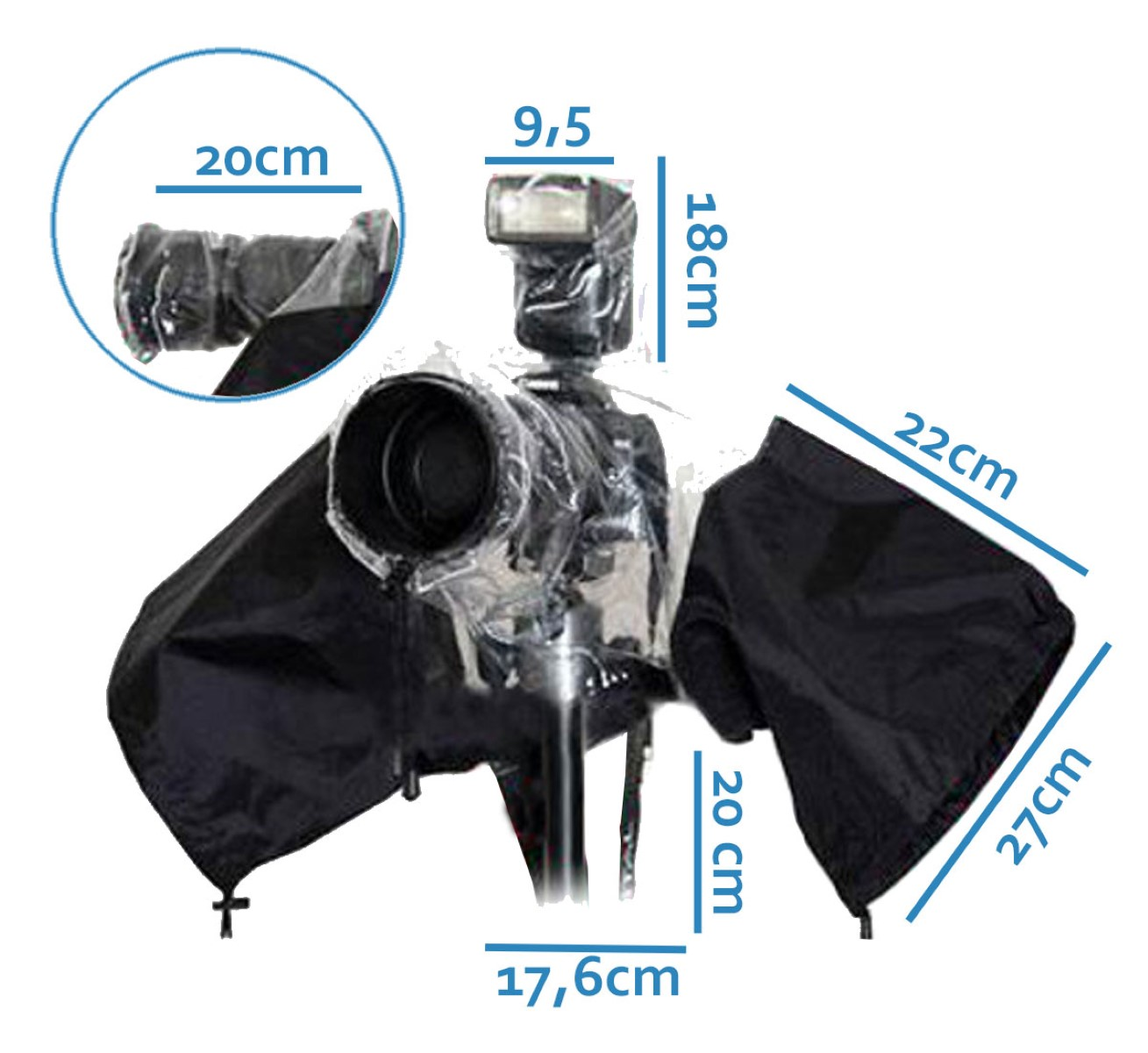 Kamera-Regenschutz mit Maßen: 20cm, 9,5cm, 18cm, 17,6cm, 20cm, 22cm, 27cm.