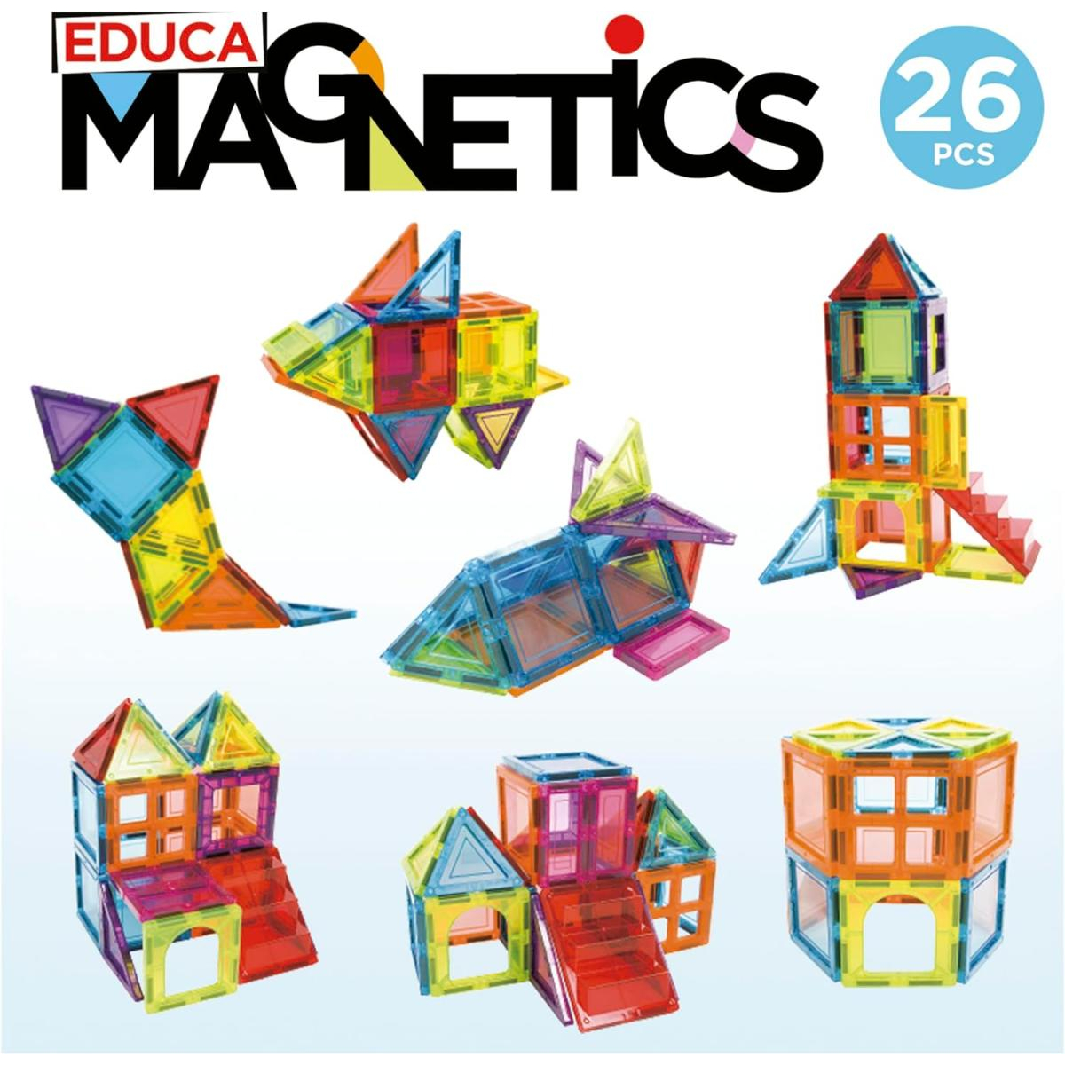 Blocchi magnetici colorati formano un razzo, aereo, casa e torre.