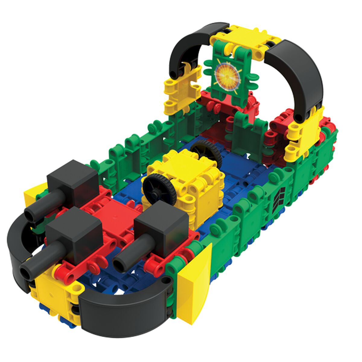 Ein buntes Spielzeugauto aus Bausteinen mit Rädern, Kanonen und einem Überrollbügel.