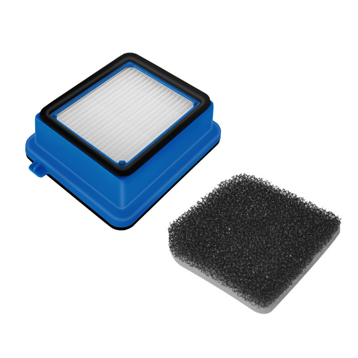 Ein blauer Staubsaugerfilter und ein schwarzer Schaumstofffilter auf weißem Hintergrund.