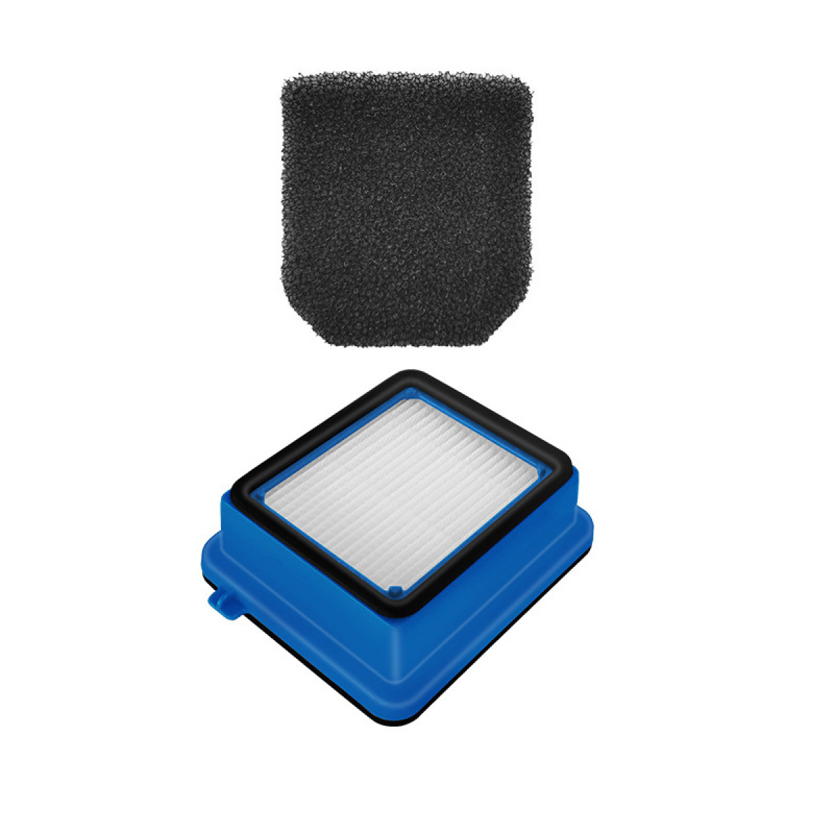 Ein schwarzer Schaumstofffilter und ein blauer HEPA-Filter mit weißem Papier.