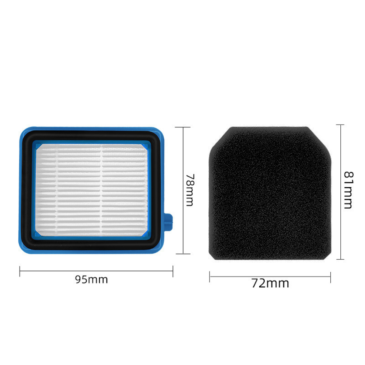 Ein weißer HEPA-Filter und ein schwarzer Schaumstofffilter mit Maßen.