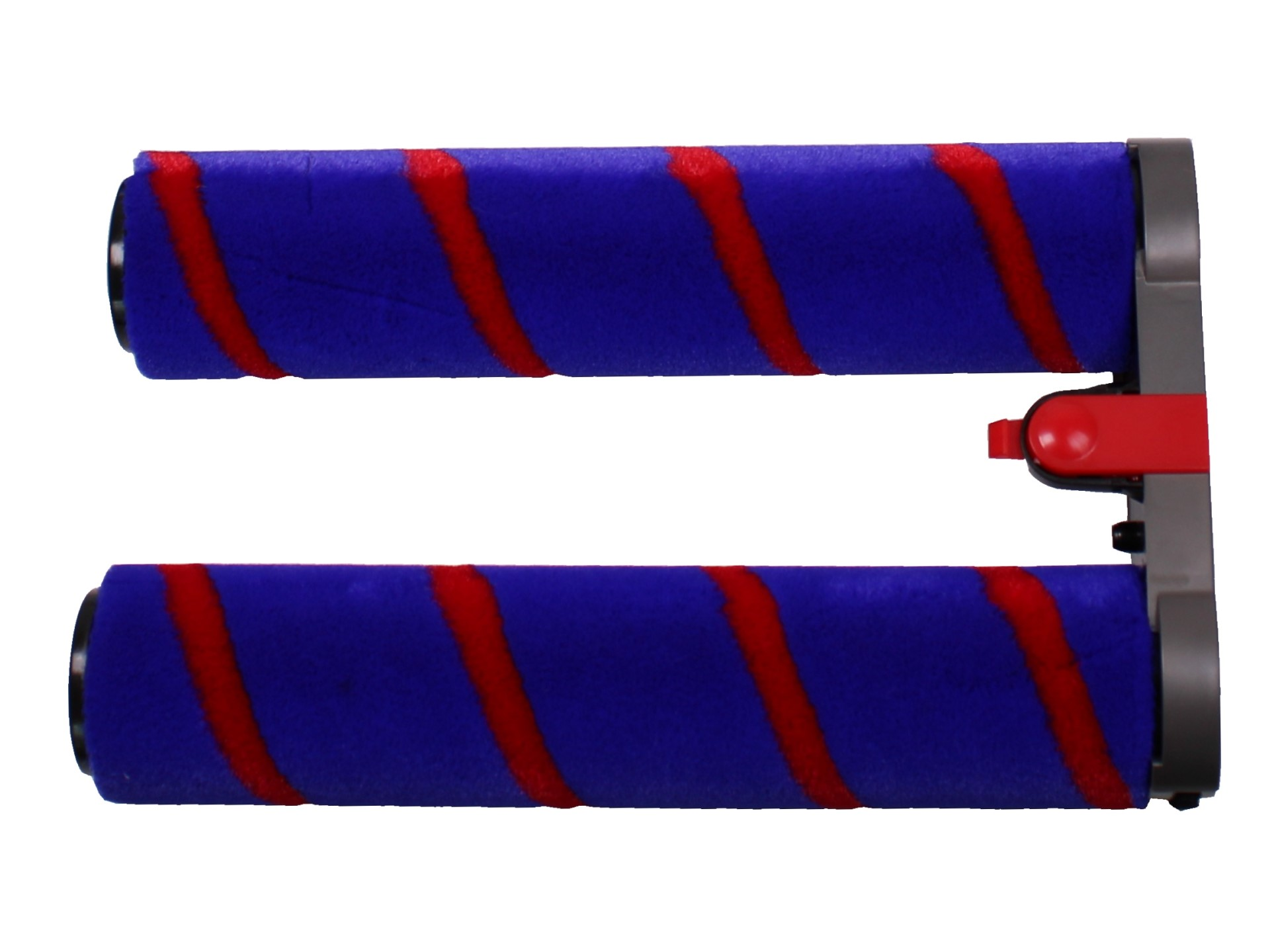 Zwei blaue Bürstenrollen mit roten Streifen, verbunden durch einen grauen und roten Halter.